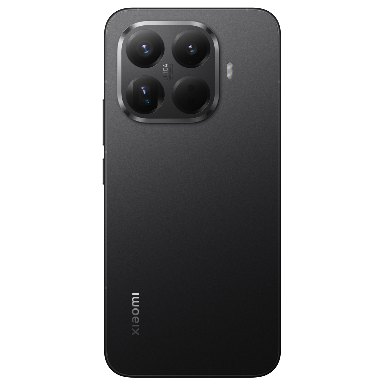 Black smartphone back with four camera lenses, a flash, and the Xiaomi logo. The phone has a textured surface.