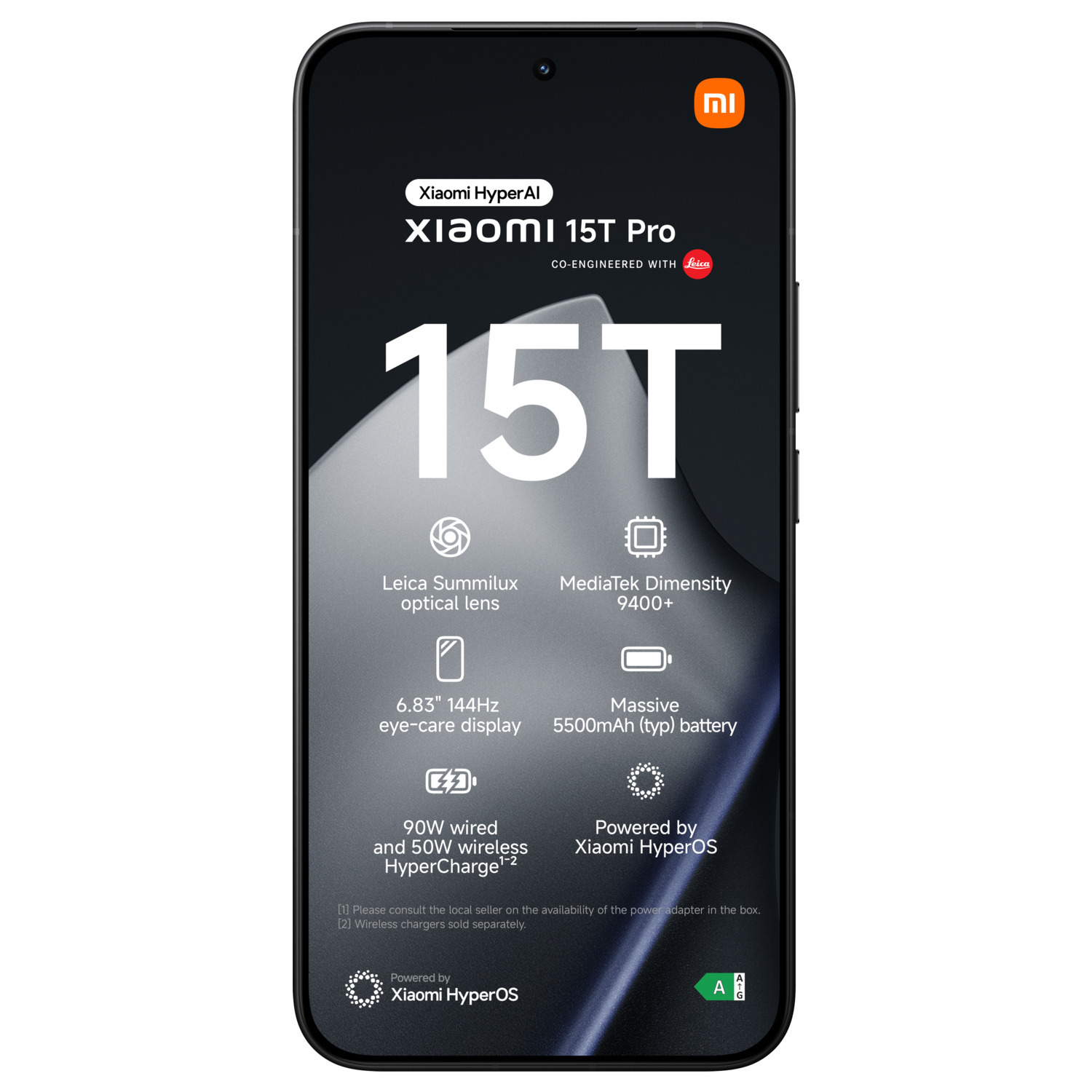 Black Xiaomi 15T Pro phone. Features include a 6.83" 144Hz display, Leica lens, 5500mAh battery, and HyperCharge capabilities.
