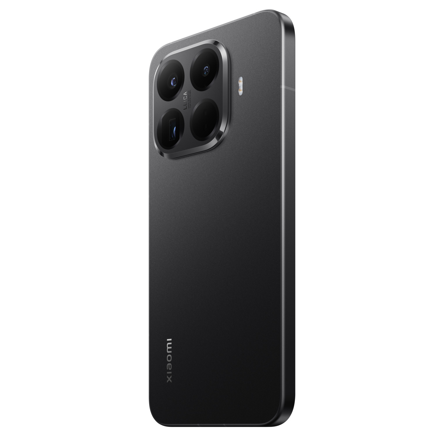 A black Xiaomi smartphone is shown from the back. It features four cameras, the Leica logo, and the Xiaomi logo.