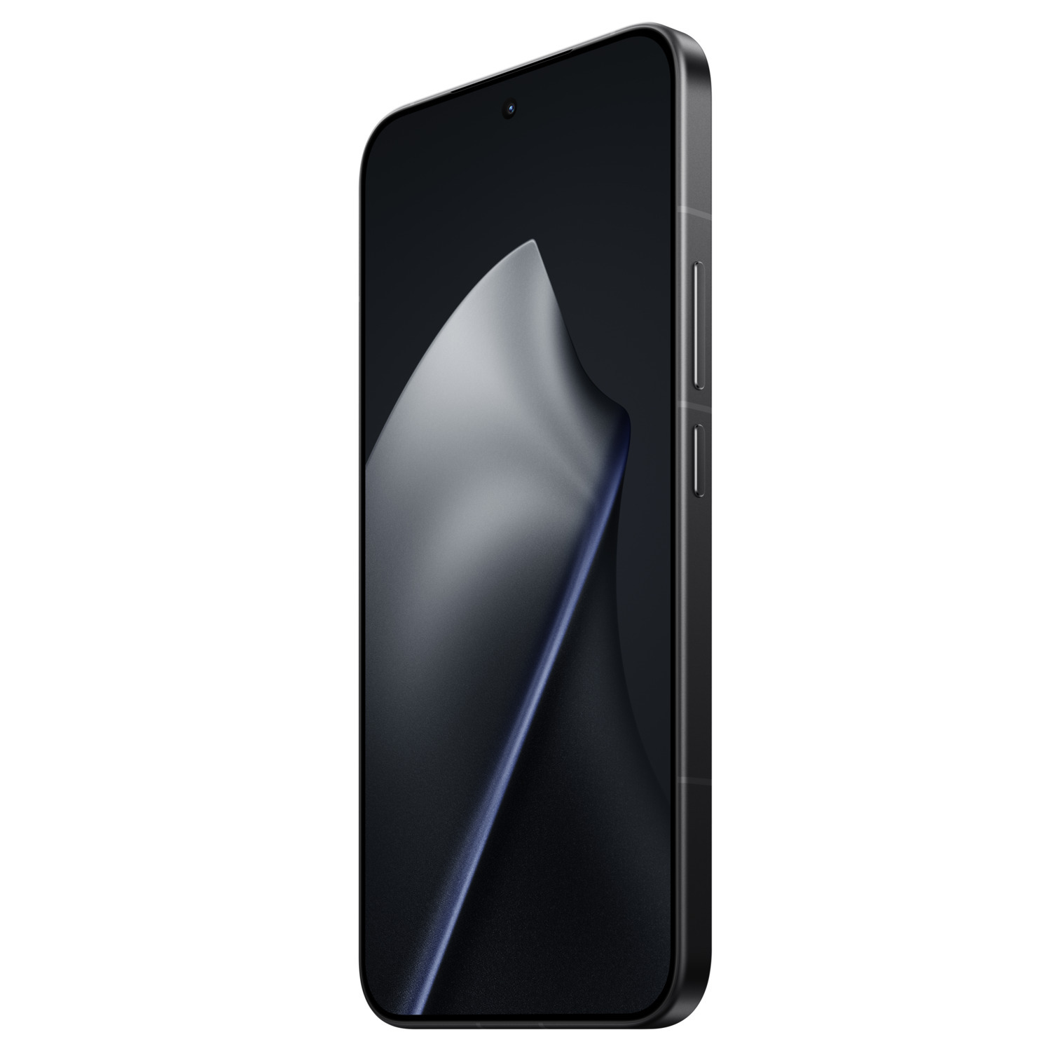 A black smartphone is displayed diagonally. It has a dark screen with a curved abstract design. The phone's frame is dark gray.
