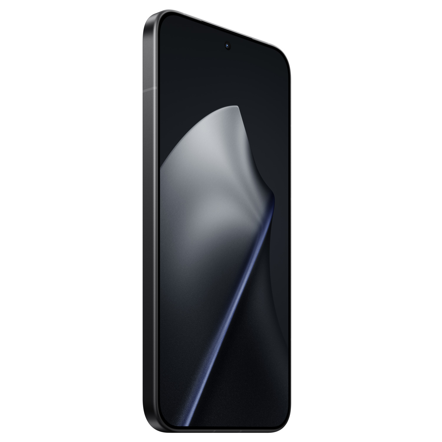 A black smartphone is shown from a side angle. The screen displays a dark, abstract design with a curved shape.