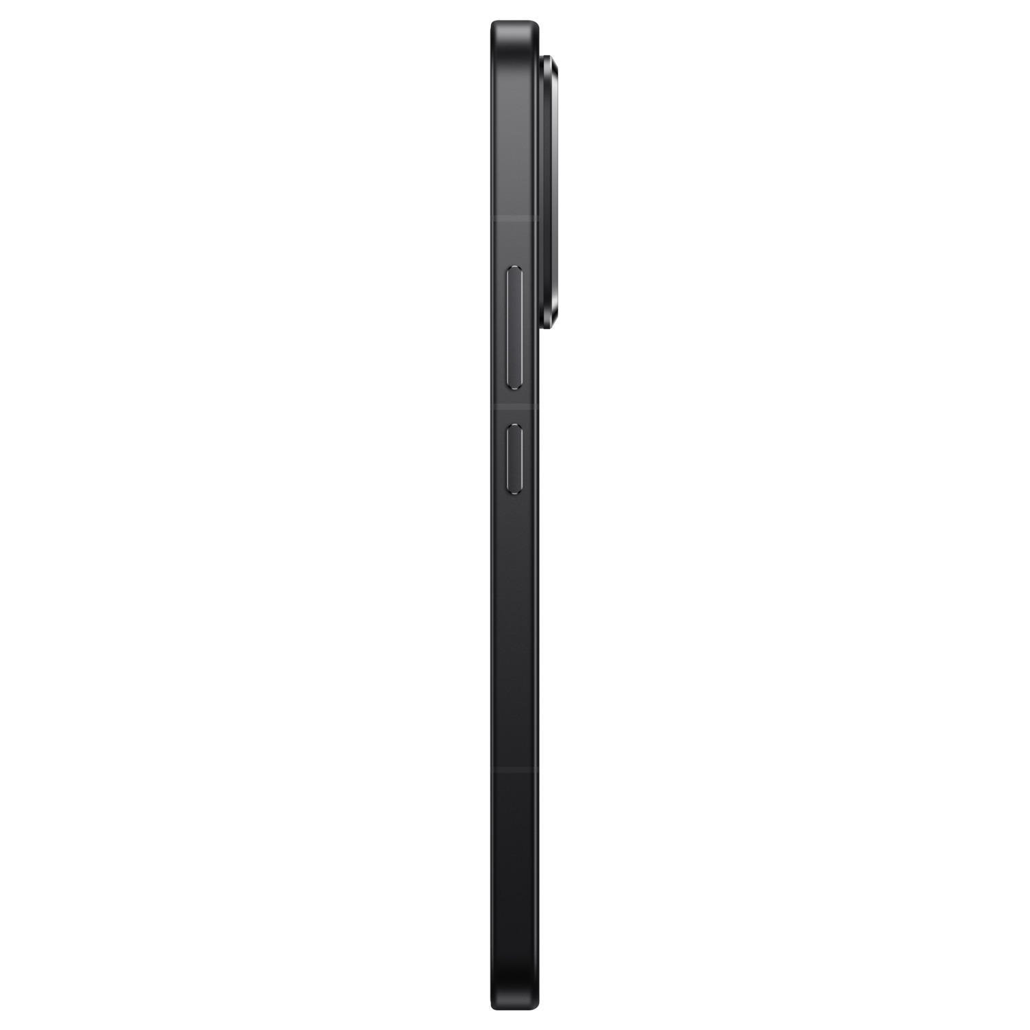 A black smartphone side view. Buttons are visible on the side. Camera is at the top. The background is white.