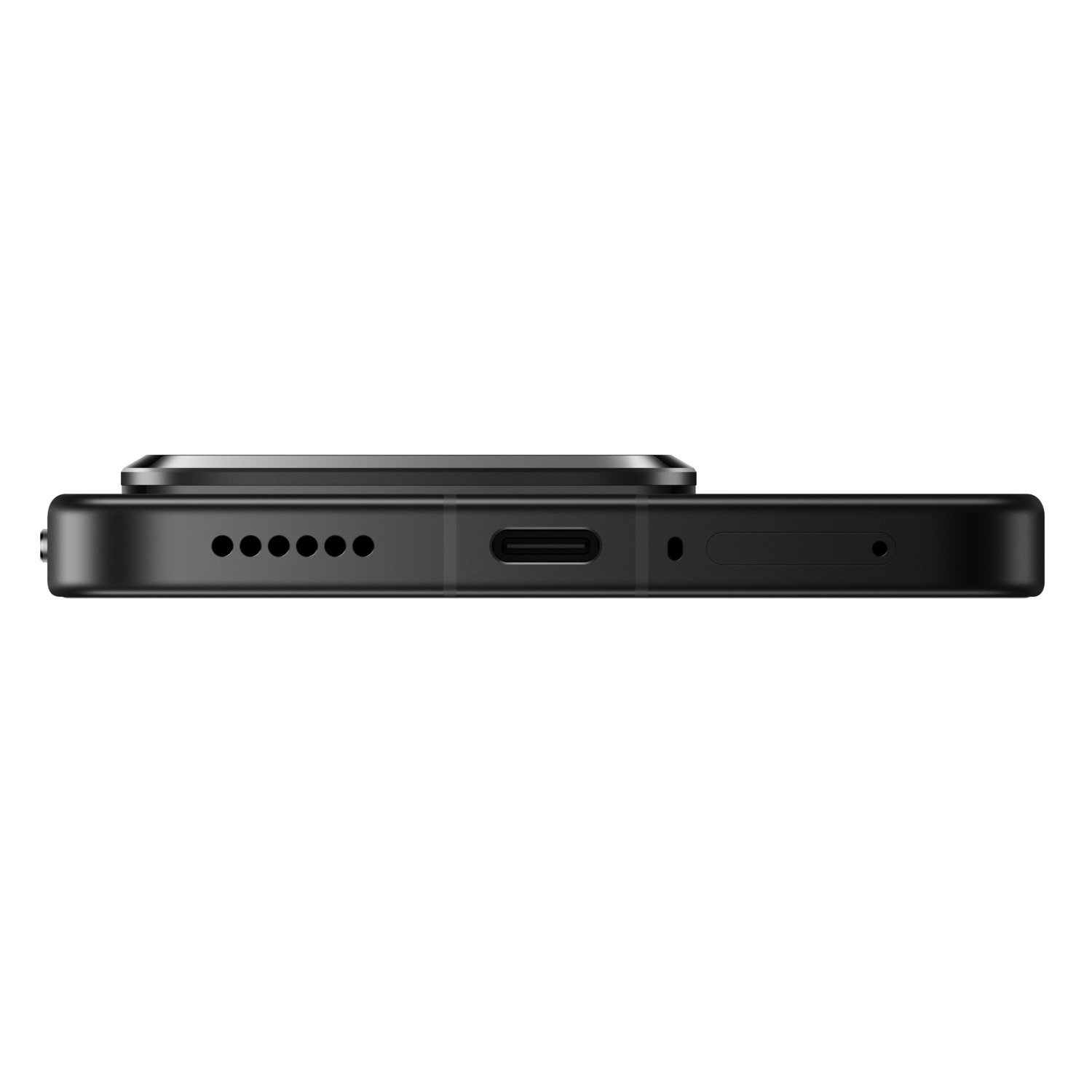 A black smartphone, viewed from the bottom. Shows speaker holes, USB-C port, and a microphone. The camera bump is visible.