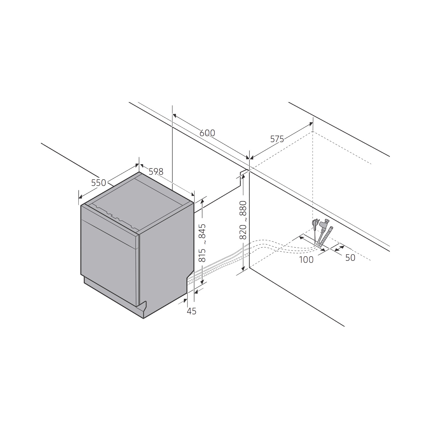 Diagramma di una lavastoviglie con dimensioni. Mostra il posizionamento e i punti di connessione dell'apparecchio con misure in millimetri.
