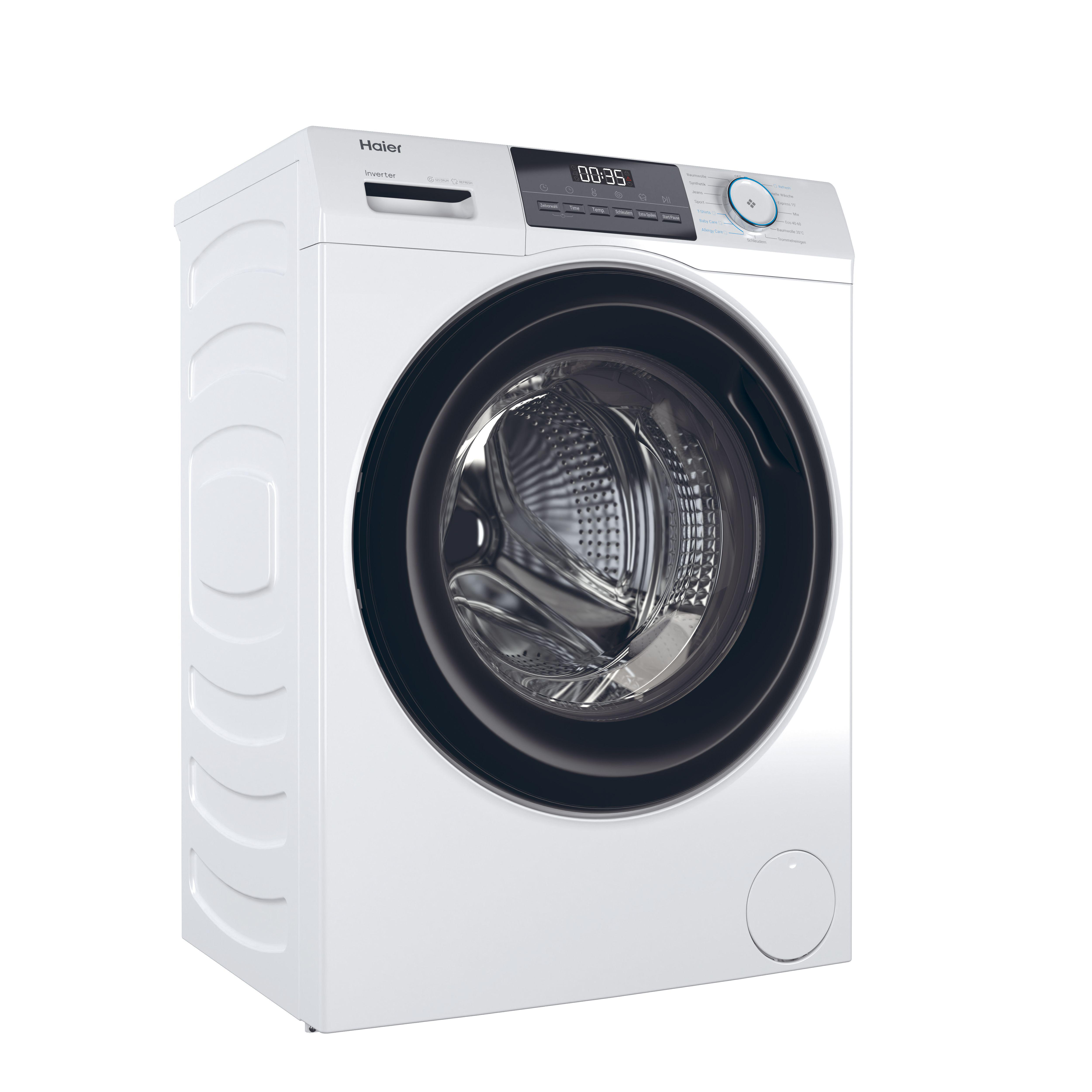 Eine weiße Haier-Waschmaschine mit schwarzer Tür und digitaler Anzeige, die 00:35 anzeigt.
