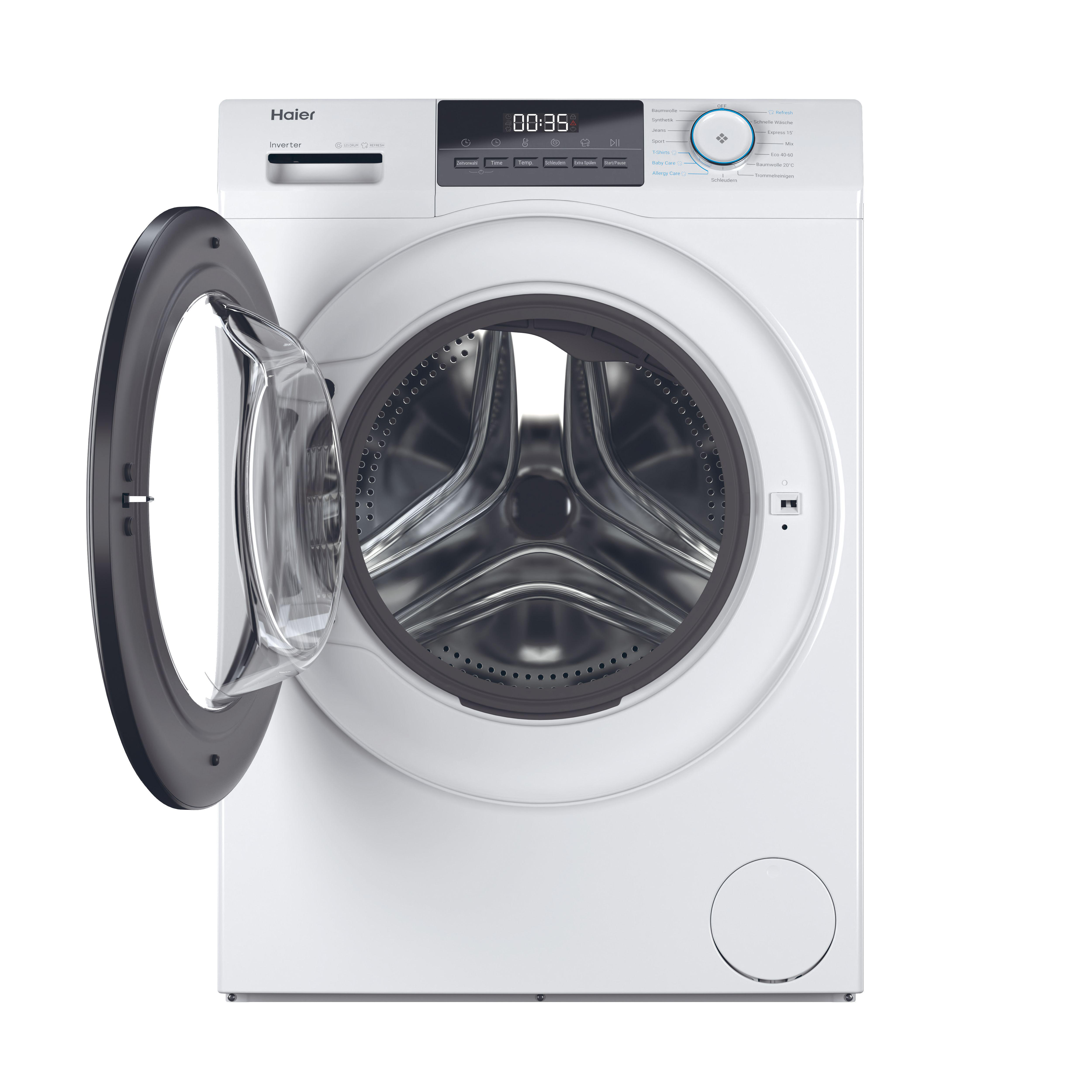 Weiße Haier Waschmaschine mit offener Tür. Digitalanzeige zeigt 00:35. Bedienfeld sichtbar, mit verschiedenen Programmen.