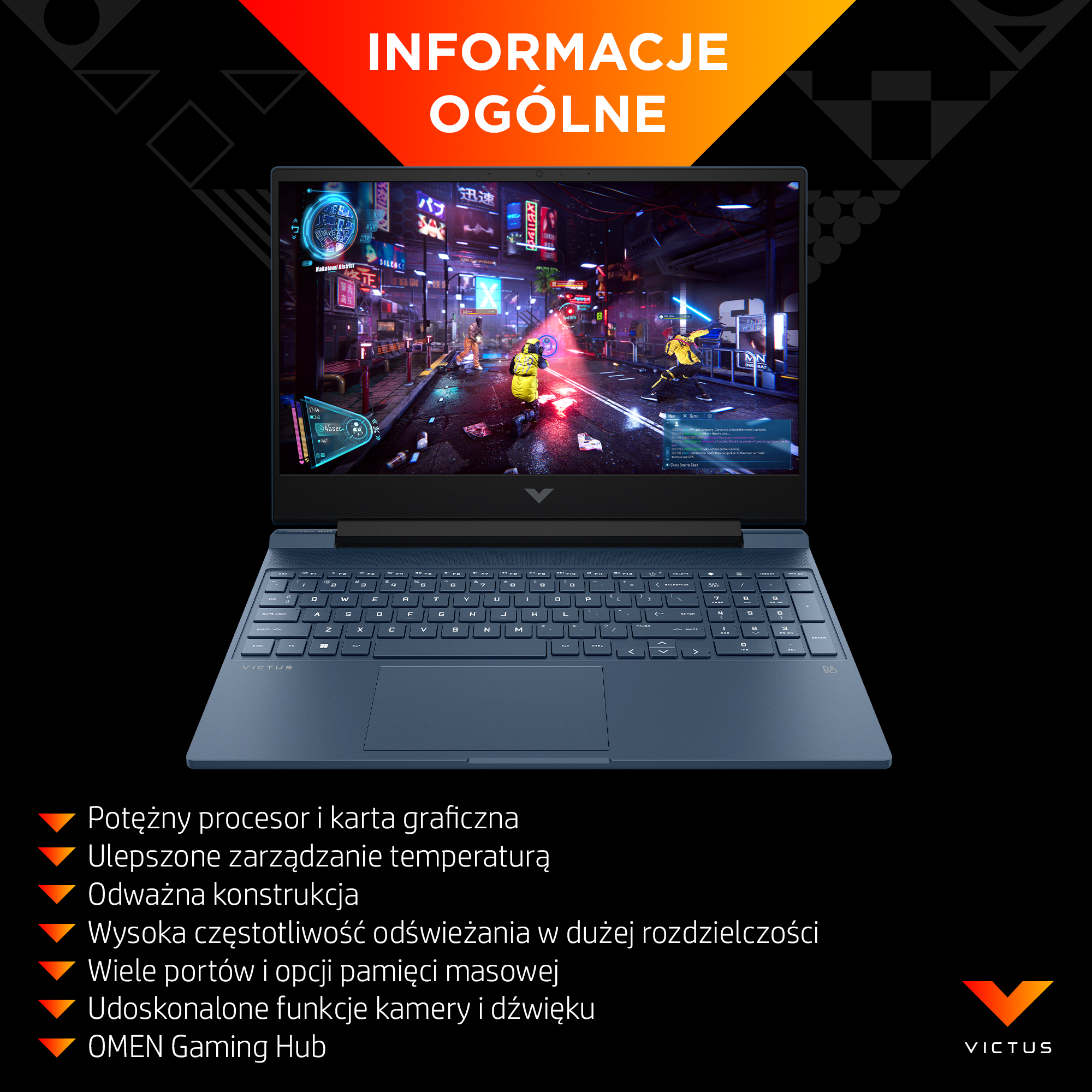 Niebieski laptop Victus wyświetla scenę z gry wideo. Ekran pokazuje postacie w futurystycznym mieście. Tekst nakłada się na obraz.