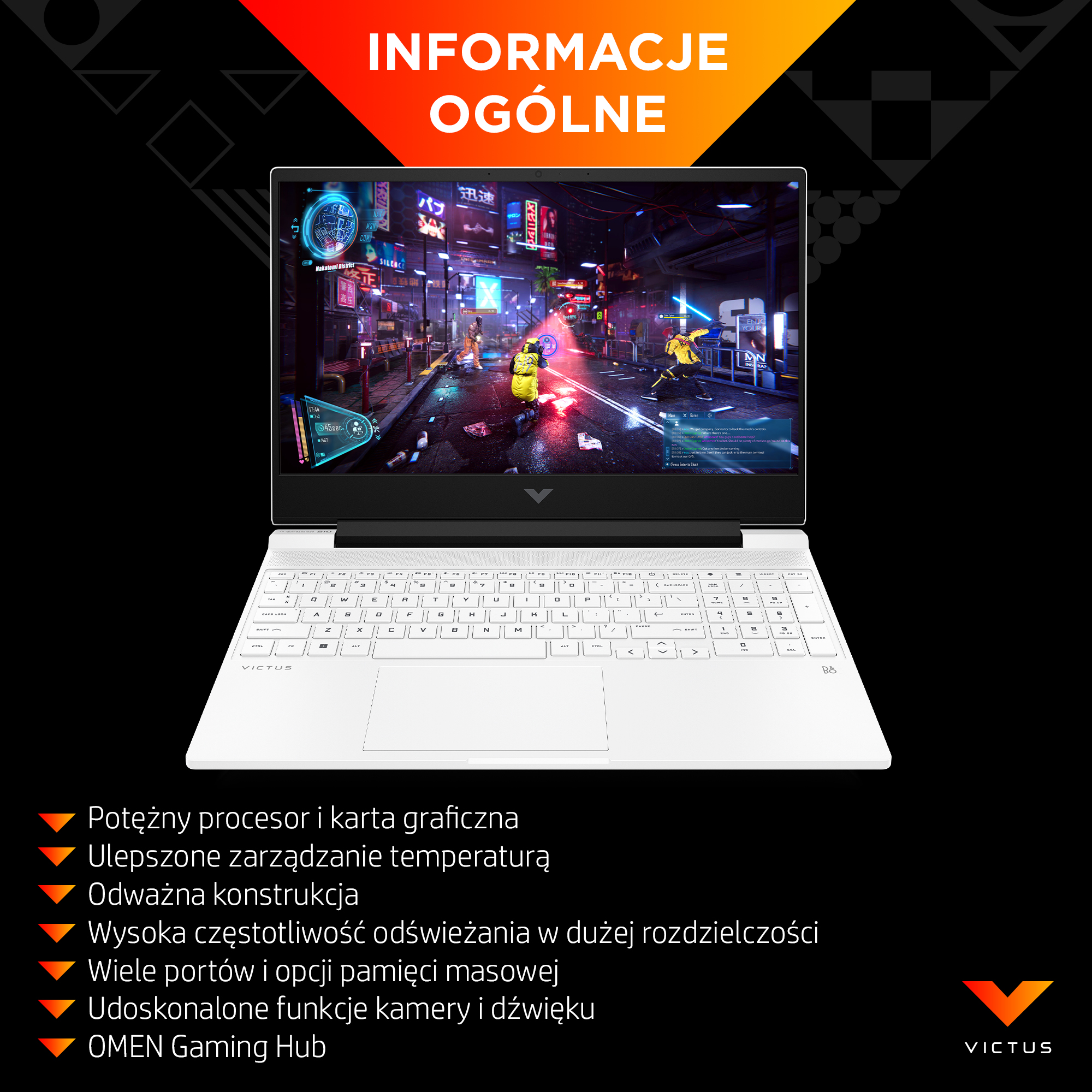 Biały laptop Victus wyświetla futurystyczną scenę z gry. U góry napis 'Informacje Ogólne'. Poniżej wymieniono cechy.