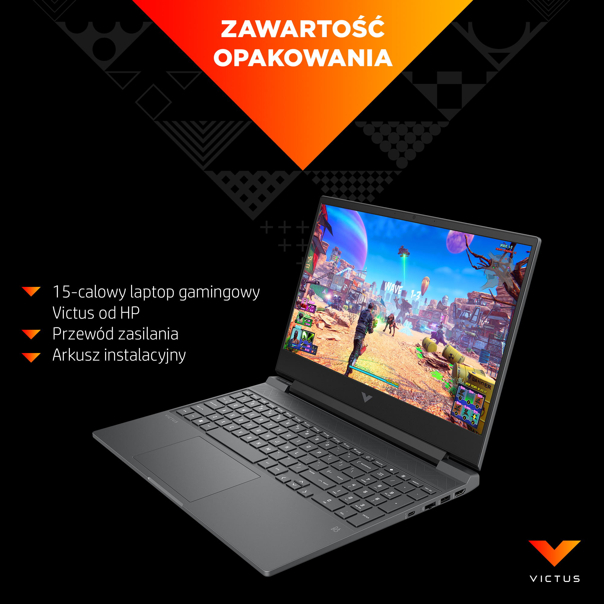 Laptop wyświetlający ekran gry. Wyświetlany jest tekst 'Zawartość Opakowania' i zawartość produktu.