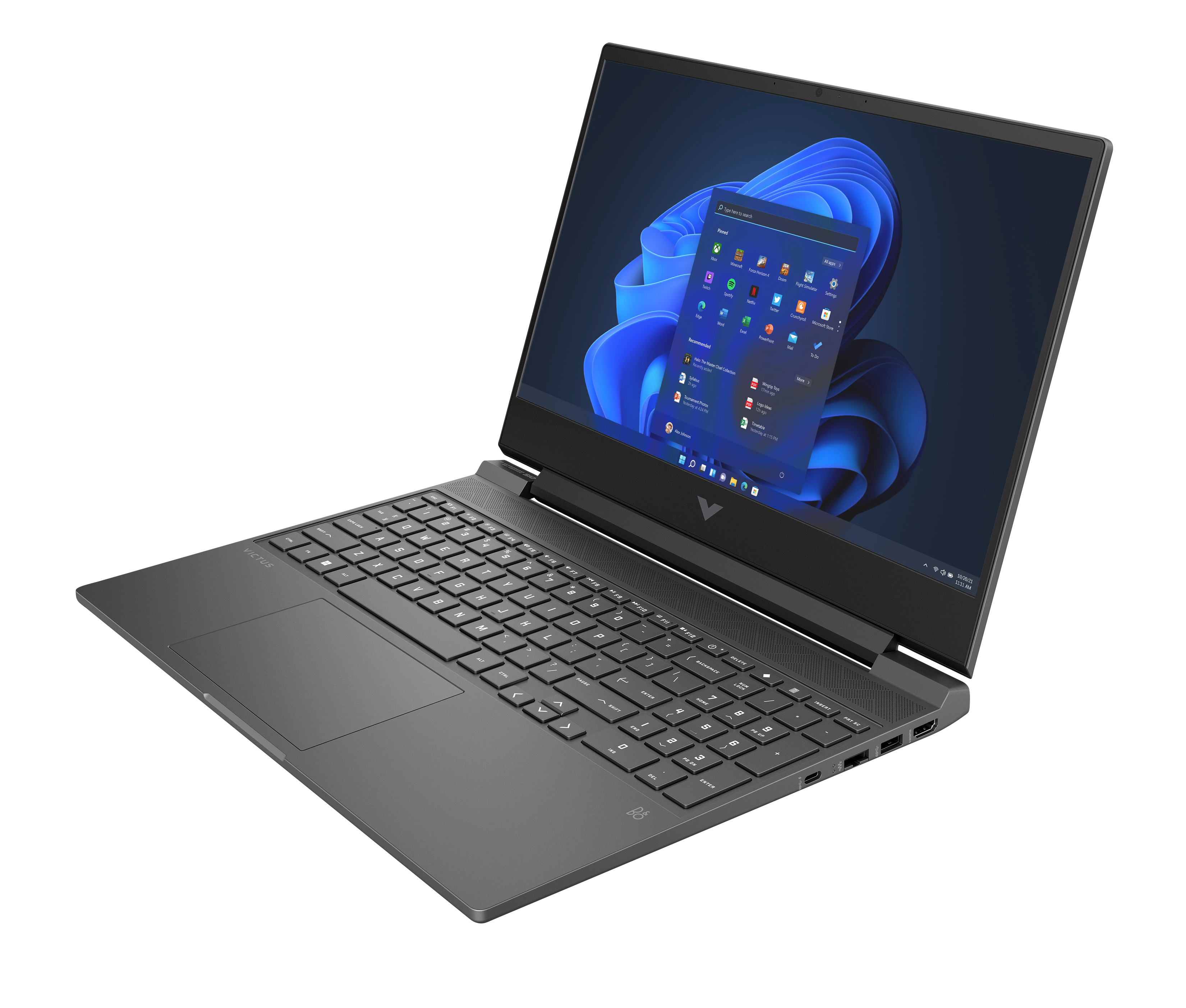 Szary laptop wyświetla interfejs Windows 11. Widoczna klawiatura i touchpad. Czarne tło.