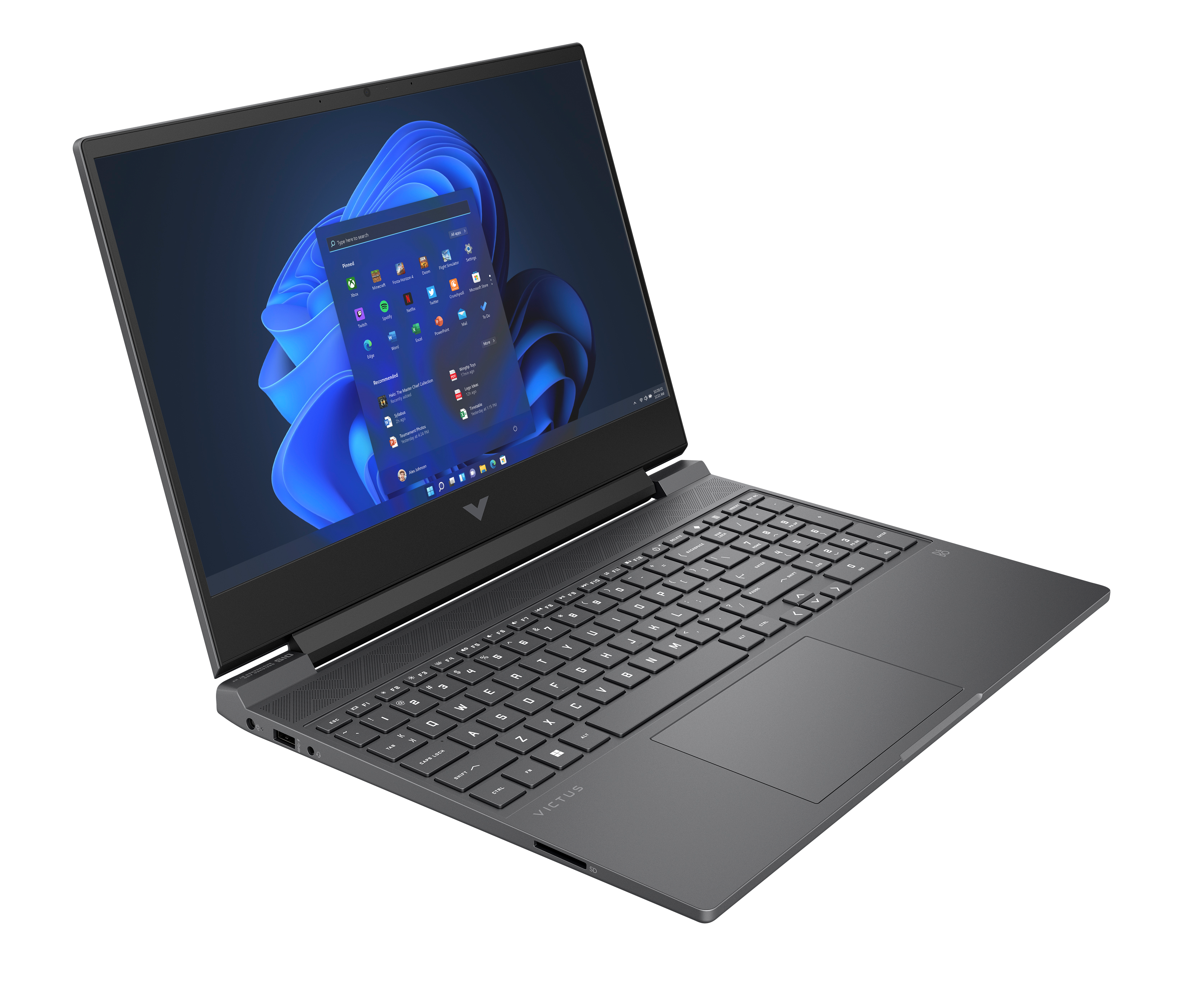 Laptop wyświetla interfejs Windows 11. Widoczna klawiatura i touchpad. Tło jest czarne.
