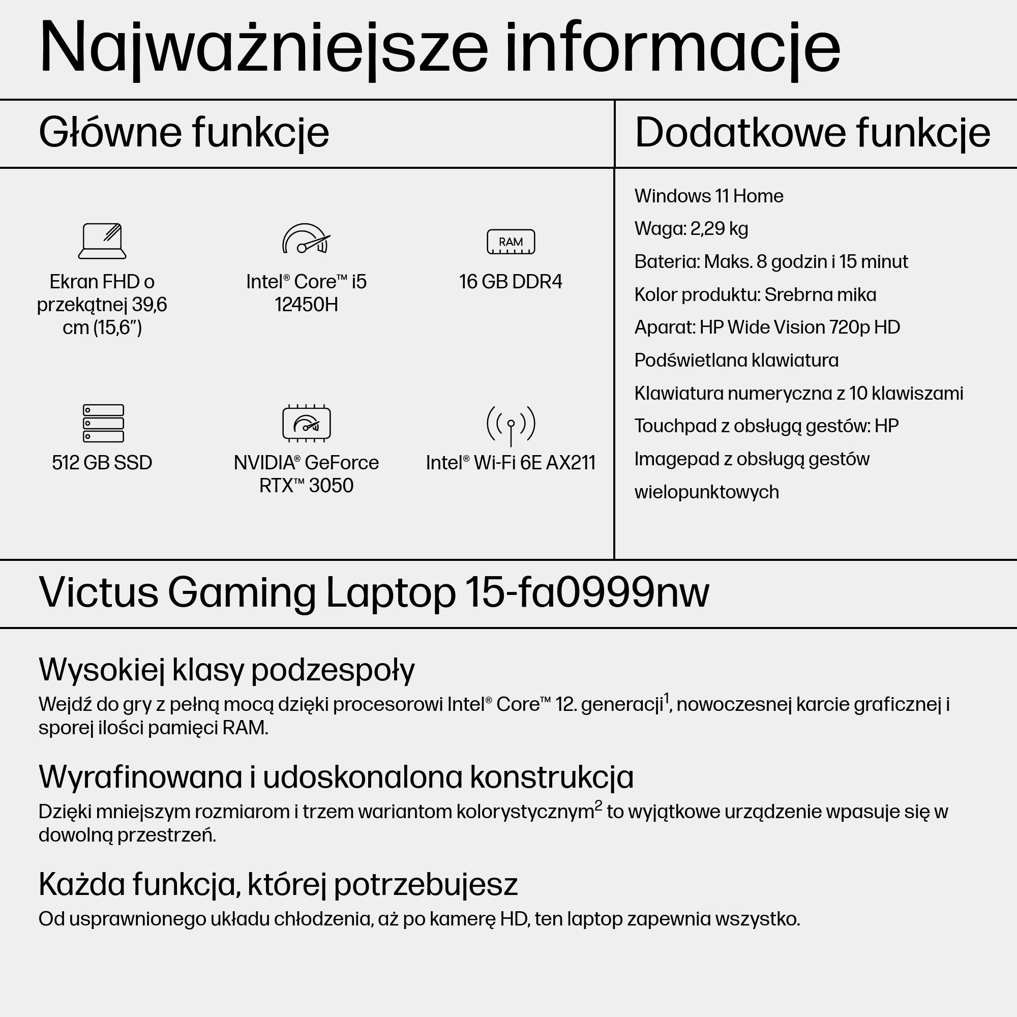 Specyfikacje laptopa: ekran, procesor, pamięć, karta graficzna i dodatkowe funkcje, takie jak Windows 11, waga i czas pracy baterii.