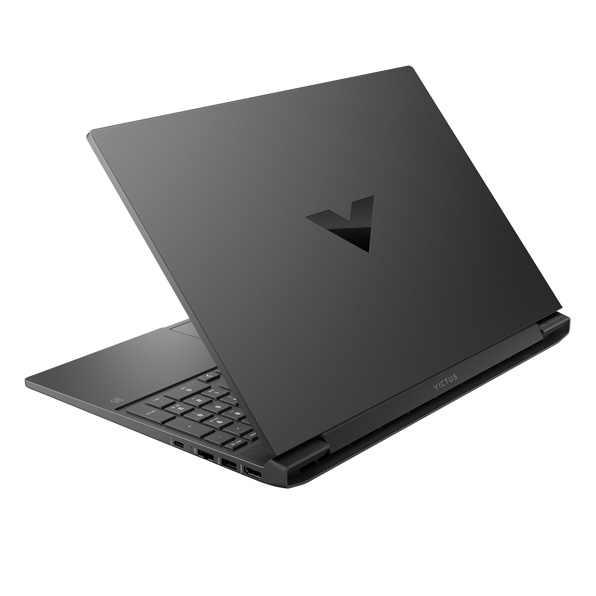 Ciemnoszary laptop Victus jest otwarty, widoczna klawiatura. Pokrywa ma logo V. Tło jest czarne.