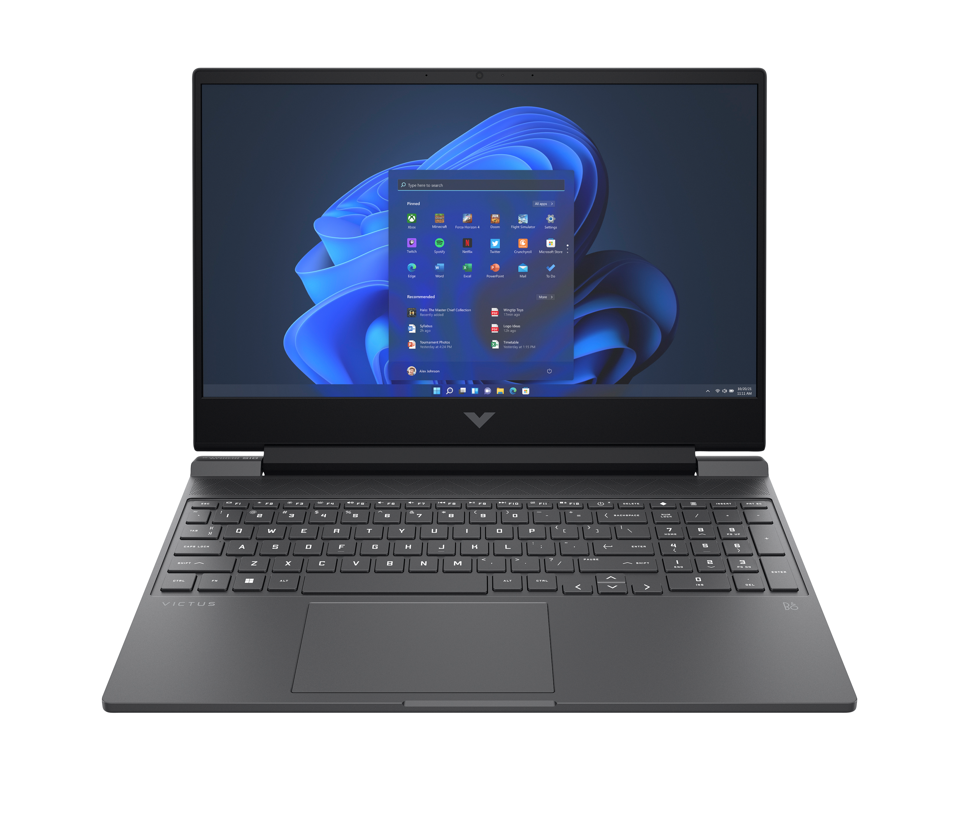 Czarny laptop z interfejsem Windows 11. Widoczna klawiatura, ekran z ikonami aplikacji.