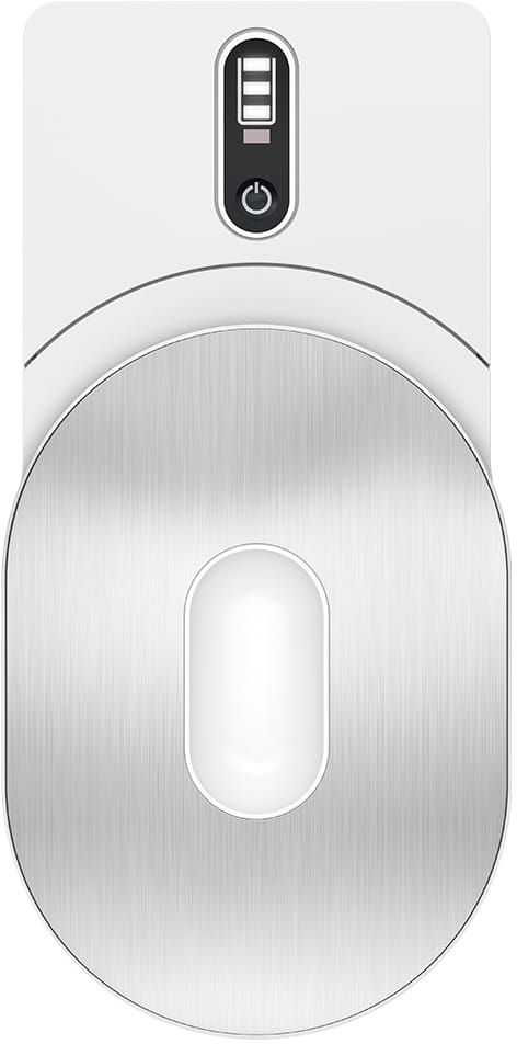 Un dispositivo bianco con pulsante di accensione e indicatore batteria. Ha un centro metallico ovale con un'apertura bianca allungata.