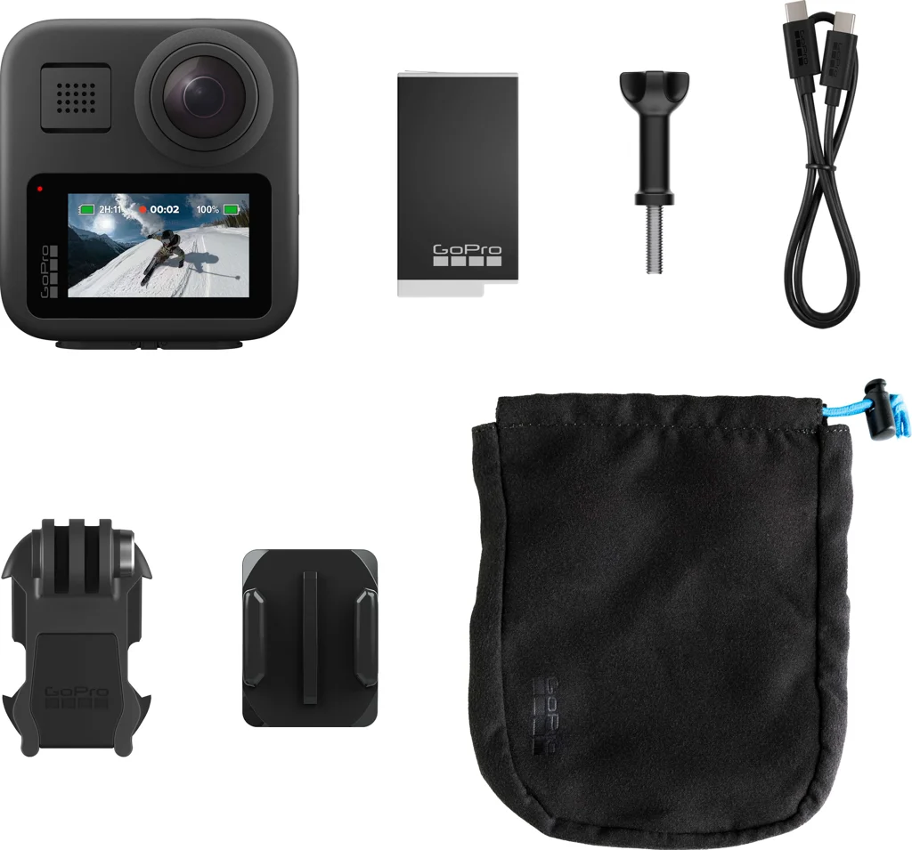 Eine GoPro-Kamera mit Zubehör, darunter ein Akku, eine Halterung, ein Ladekabel und eine schwarze Tragetasche.