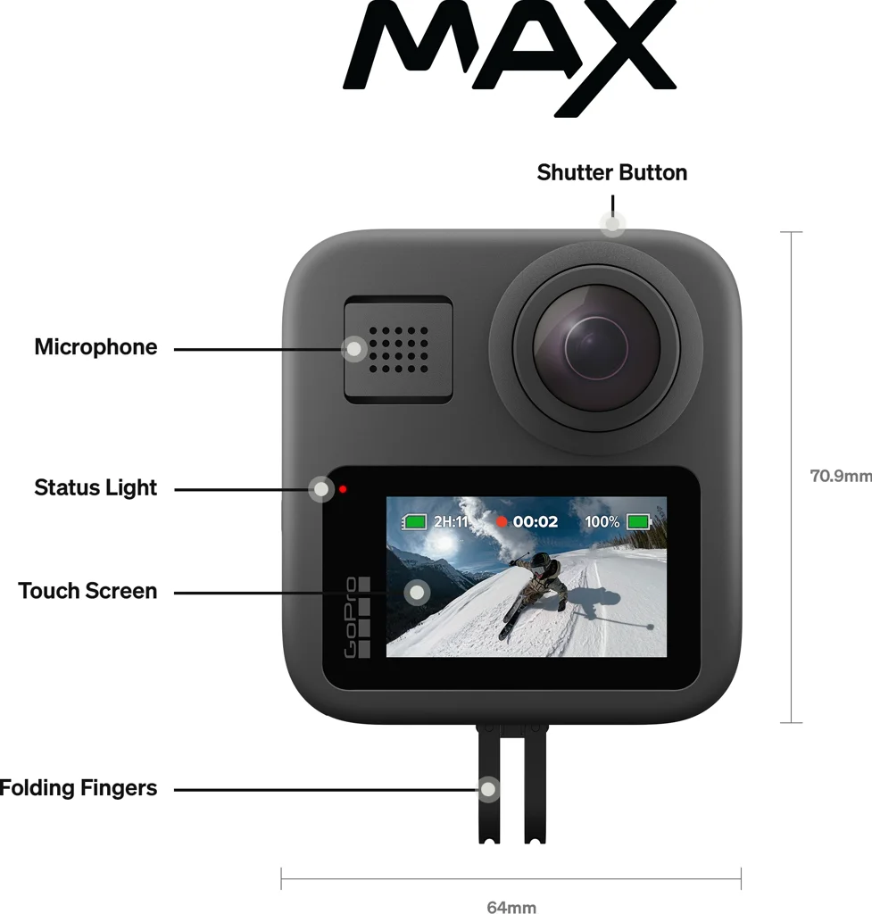 Schwarze GoPro MAX Kamera mit Touchscreen, der einen Skifahrer zeigt. Merkmale sind Auslöser, Mikrofon, Statusleuchte und Klappfinger.