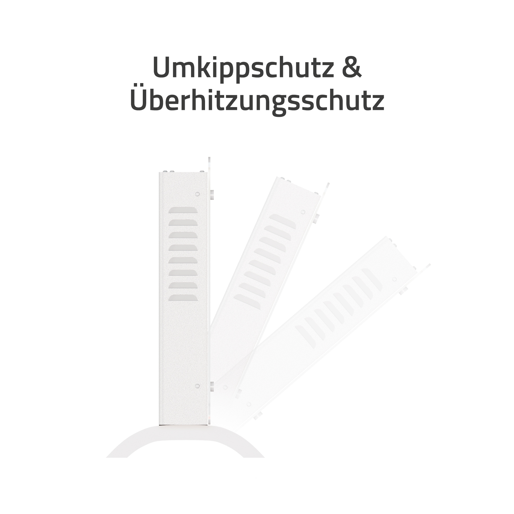 Weißes Gerät mit geneigten Positionen zur Darstellung der Stabilität. Text: 'Umkippschutz & Überhitzungsschutz'.