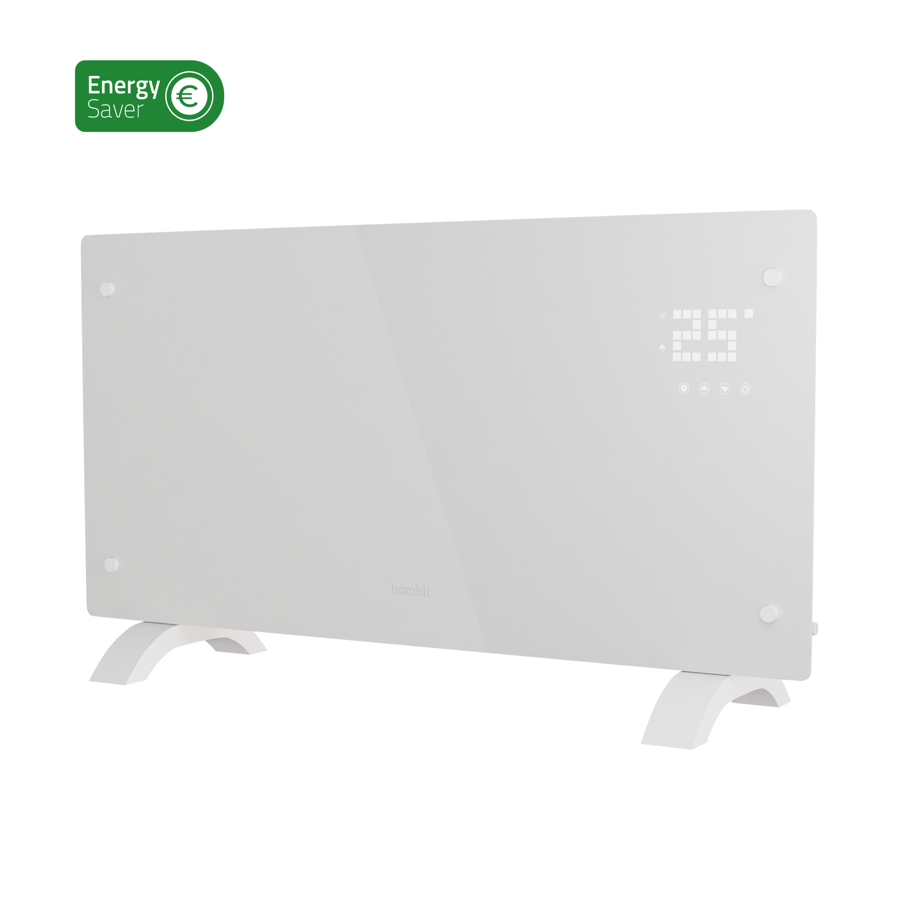 Ein weißer, rechteckiger Elektroheizer mit Digitalanzeige und bogenförmigen Beinen. Energiesparlogo oben links.