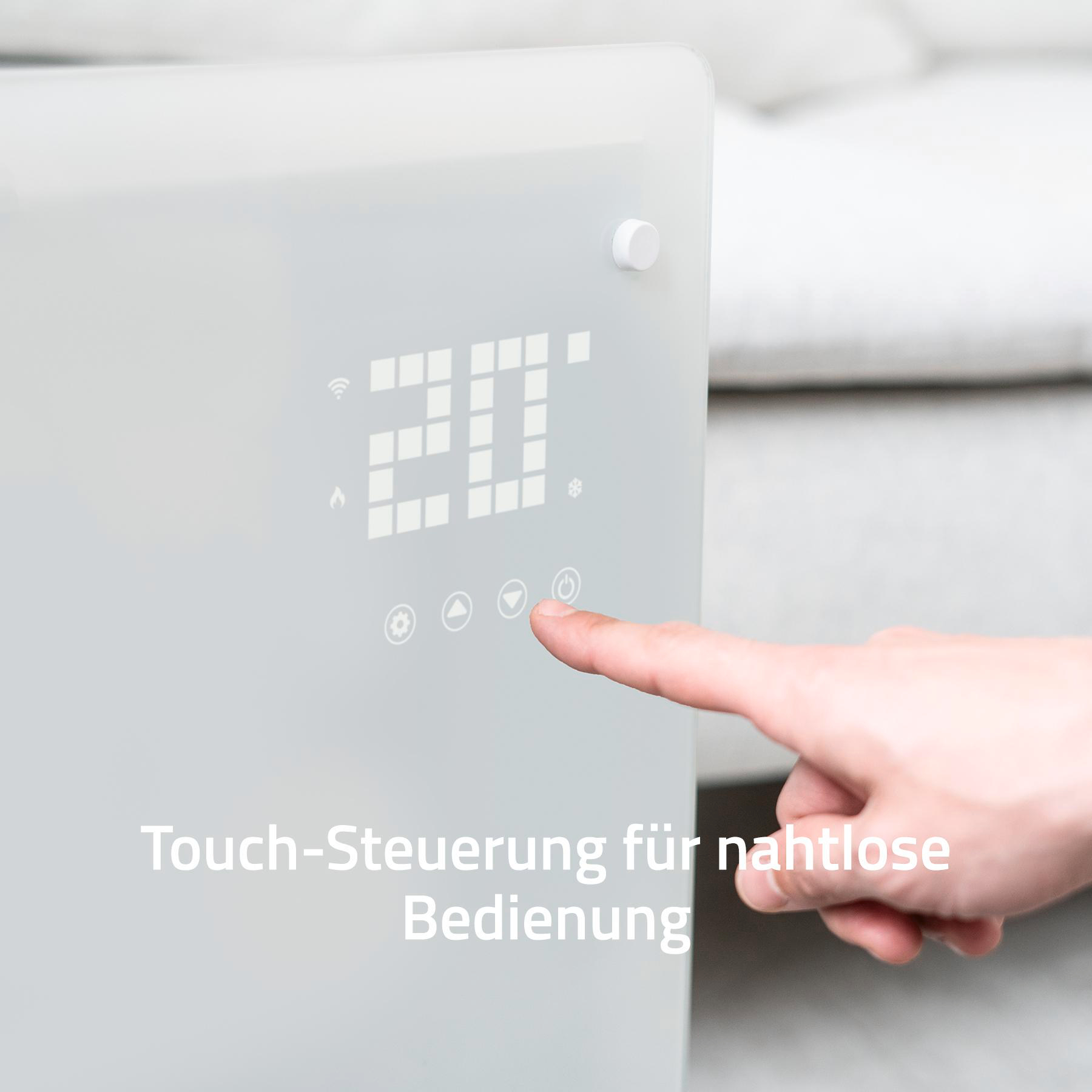 Ein Finger drückt den Netzschalter auf einem weißen, digitalen Touchscreen, der '20' mit Symbolen für Einstellungen und Temperatur anzeigt.