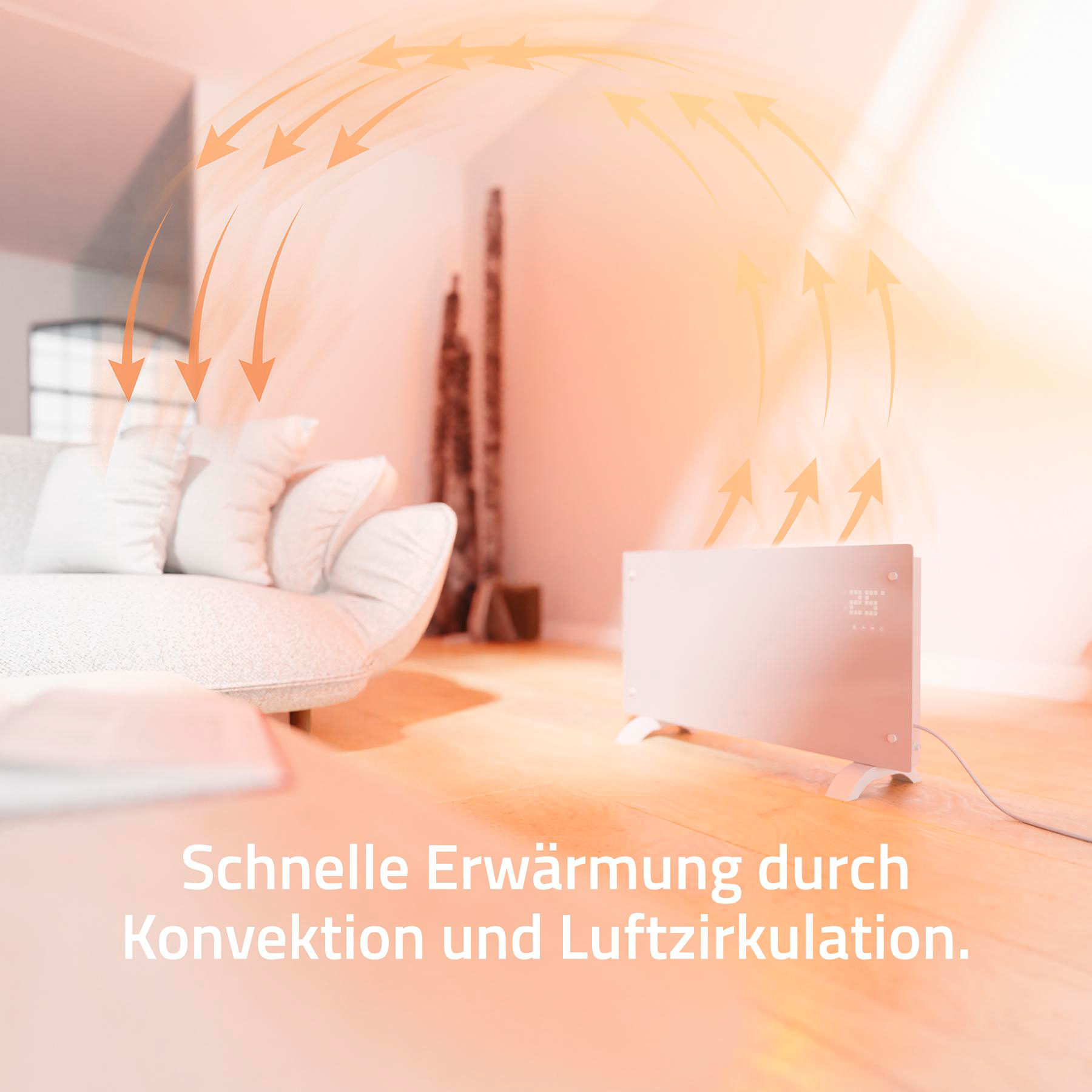 Ein modernes Wohnzimmer zeigt eine weiße Heizung mit orangefarbenen Pfeilen, die die Wärmezirkulation anzeigen.