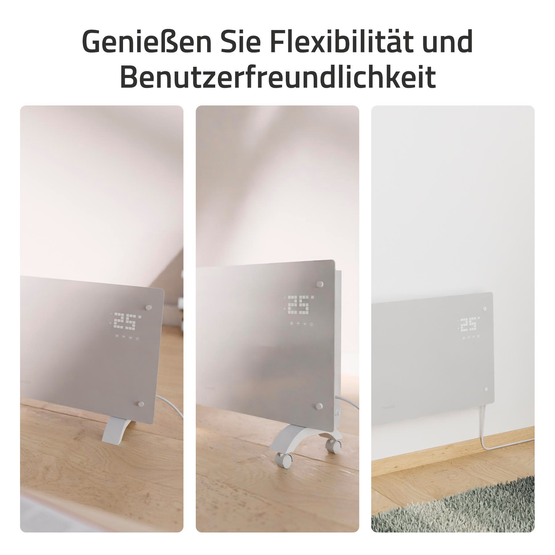 Drei weiße Elektroheizungen mit Digitalanzeigen, die 25 Grad anzeigen. Eine steht auf Beinen, eine auf Rädern, eine an der Wand.