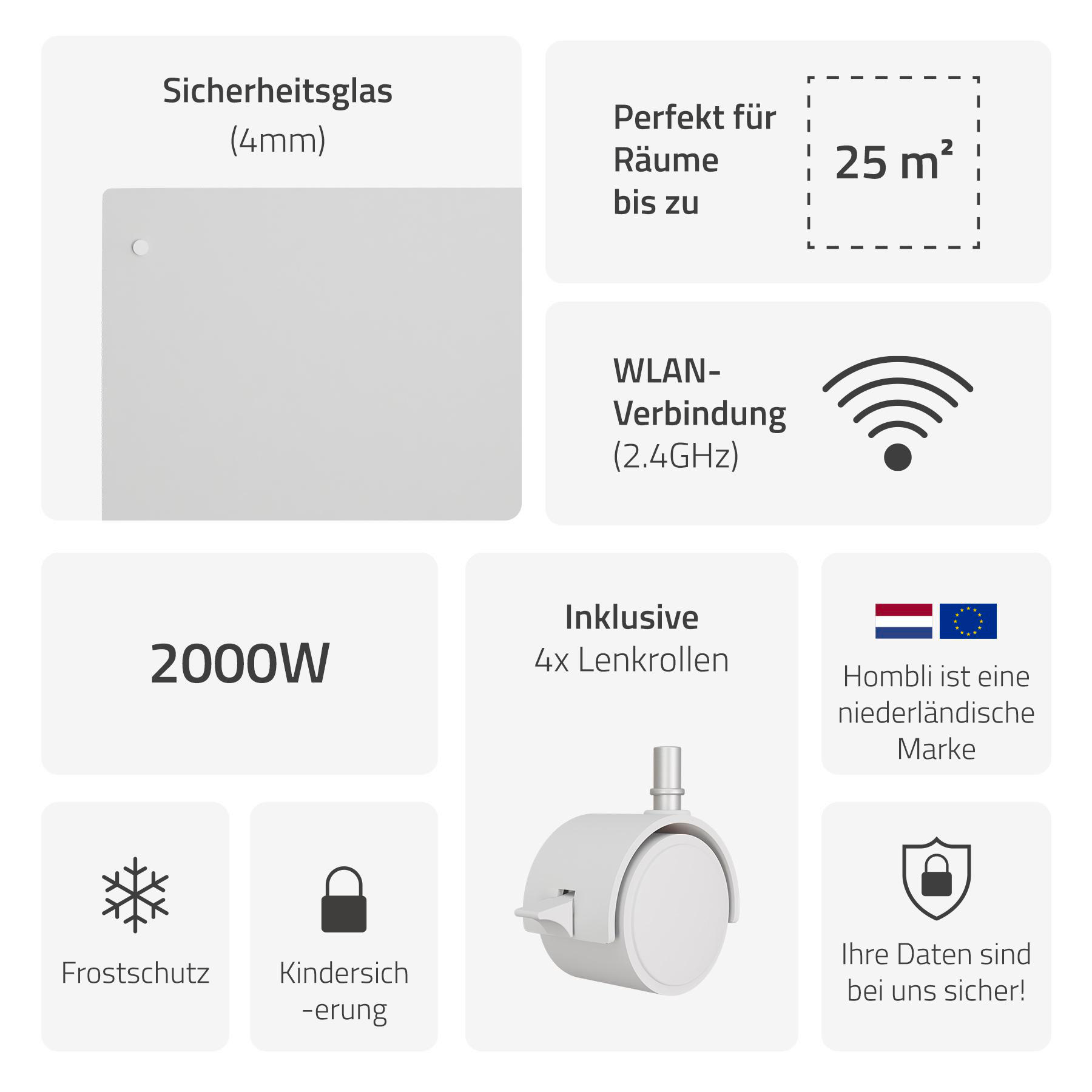 Das Bild enthält Produktspezifikationen, einschließlich Sicherheitsglas, WLAN-Konnektivität und Kindersicherheitsfunktionen.