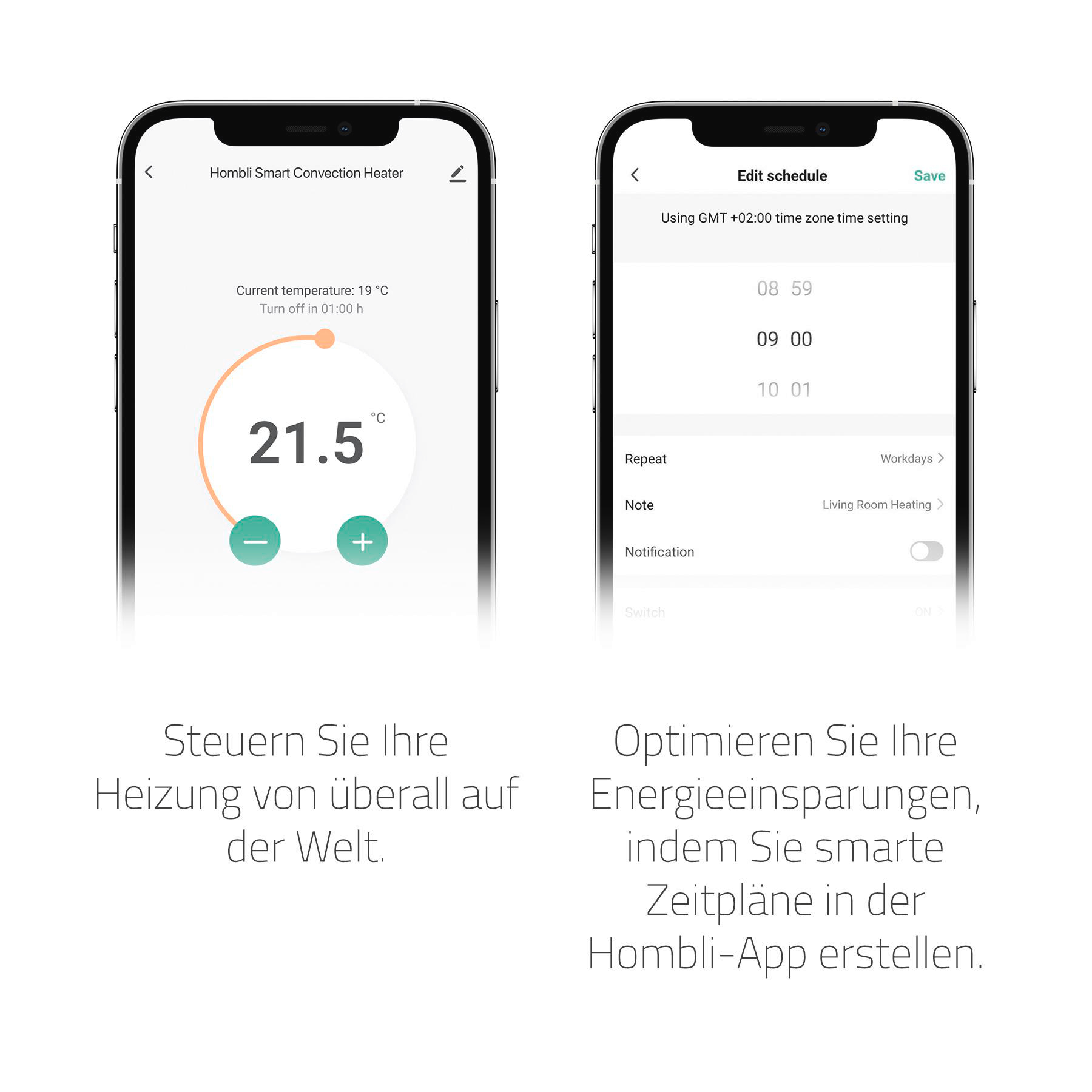 Zwei Telefone zeigen die Hombli-App. Eines zeigt Temperatureinstellungen, das andere einen Zeitplan-Editor. Text unten beschreibt die App.