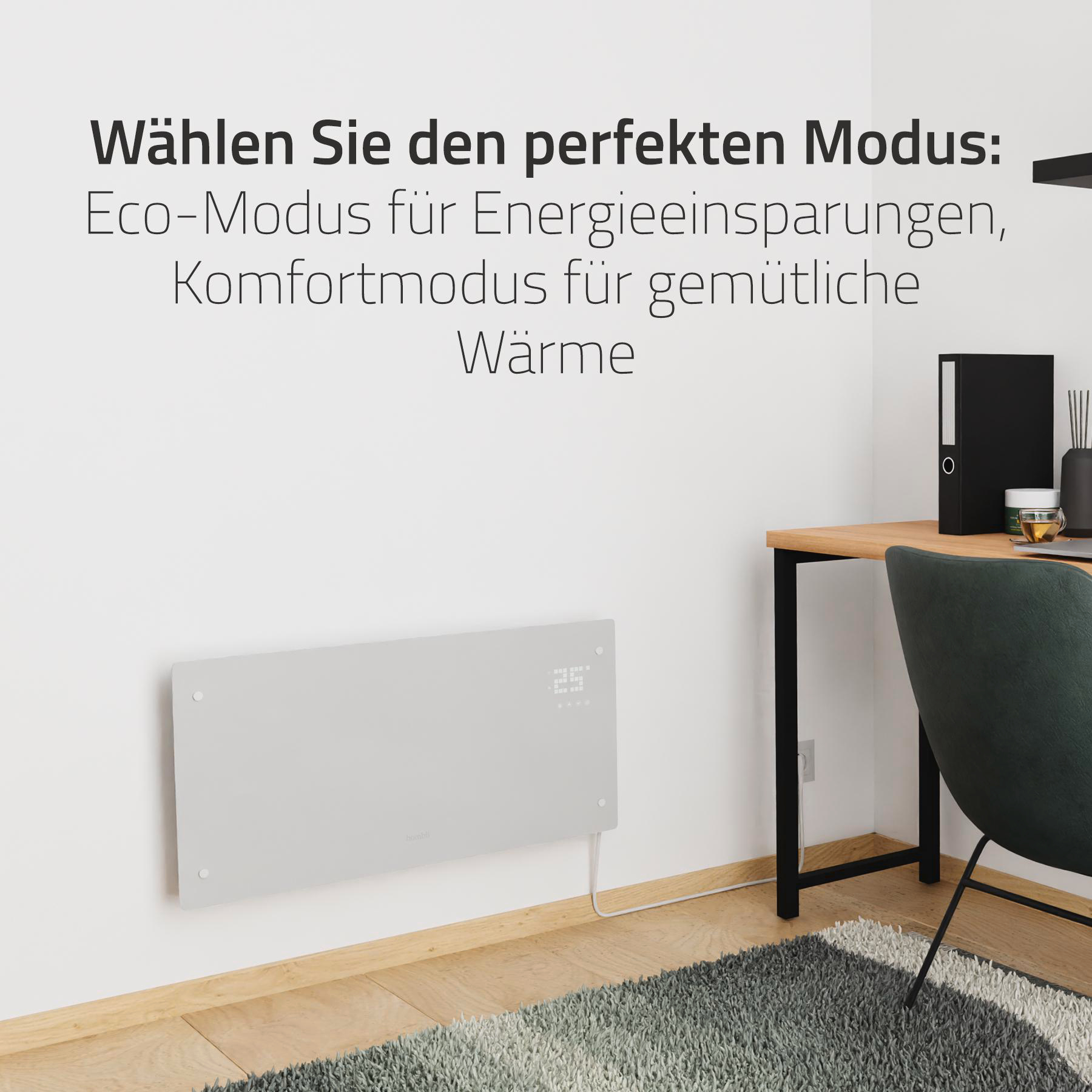 Grauer Wandheizer mit Digitalanzeige. Text wirbt für Energiespar- und Komfortmodi.