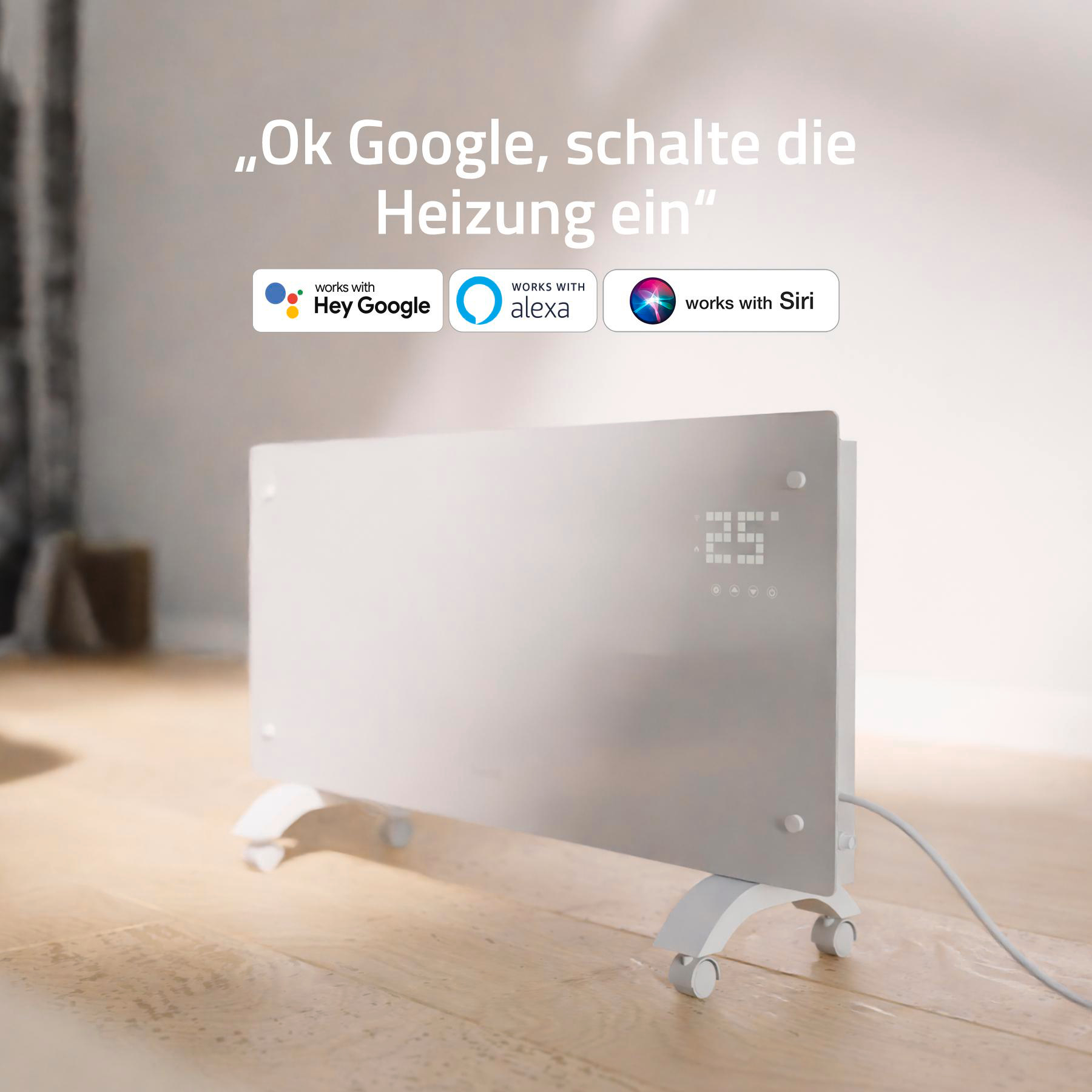 Weißer Heizkörper mit Digitalanzeige, auf Rädern, mit Logos für Smart-Home-Kompatibilität und deutschem Text.