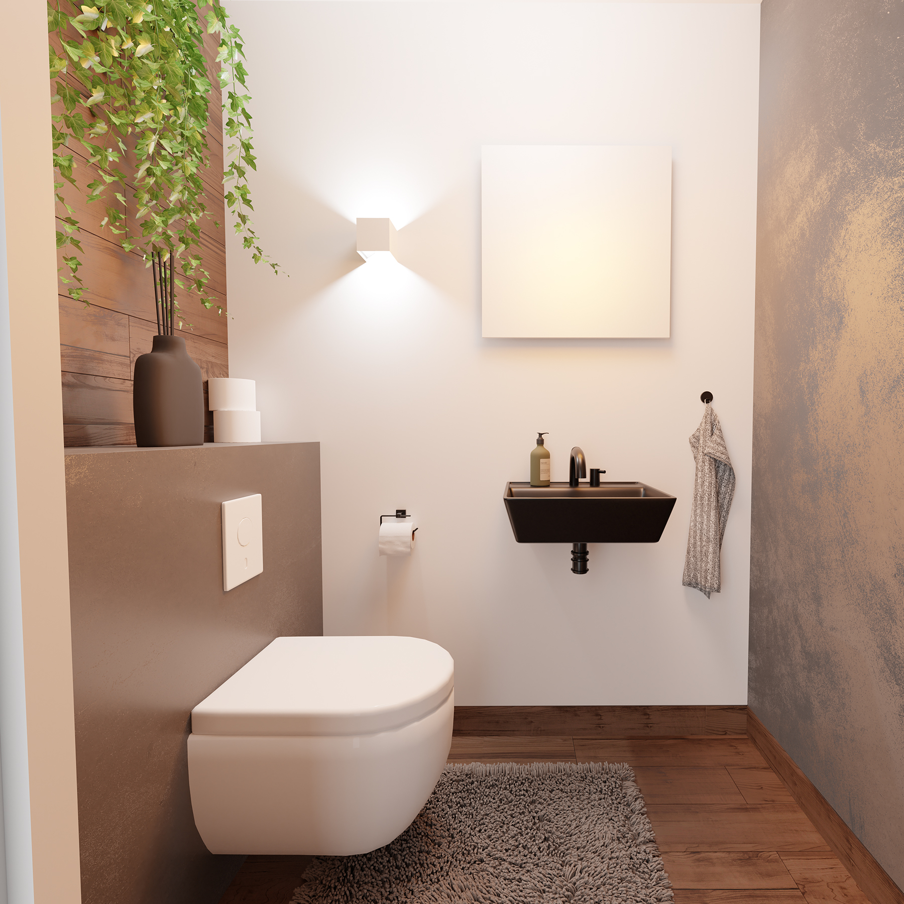 Ein modernes Badezimmer mit Toilette, Waschbecken und Hängepflanze. Holzboden und ein grauer Teppich.