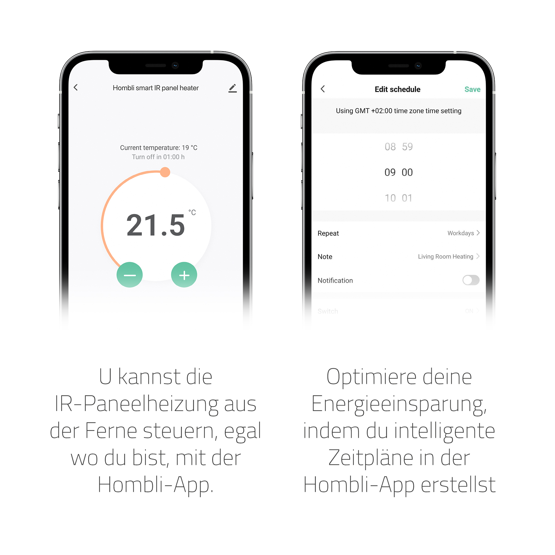Screenshots einer Telefon-App, die Temperaturregelung und Zeitplaneinstellungen für eine intelligente IR-Panelheizung zeigt.