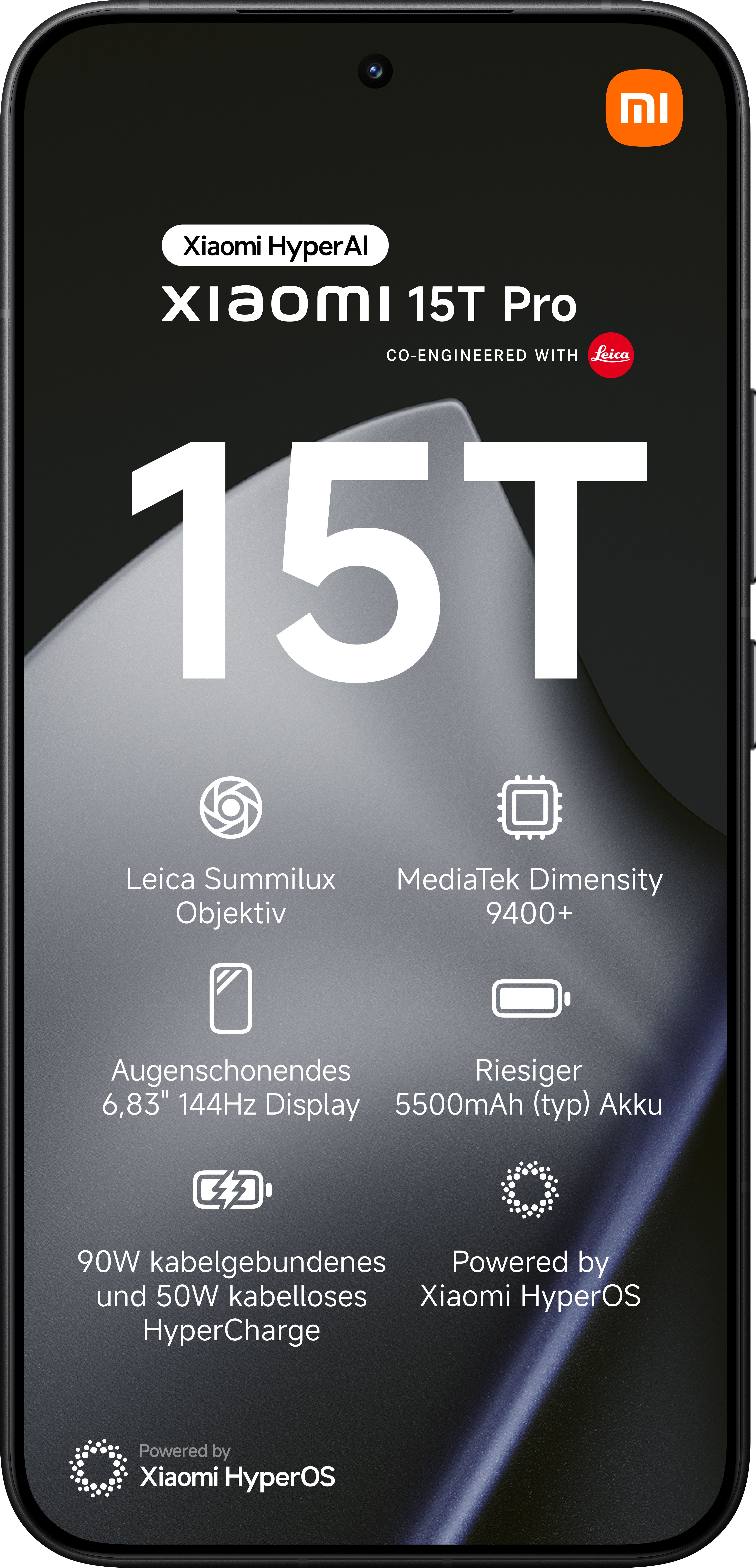 Xiaomi 15T Pro-Telefon auf schwarzem Hintergrund. Merkmale sind Leica, 15T, HyperCharge und HyperOS. Der Bildschirm zeigt Spezifikationen.