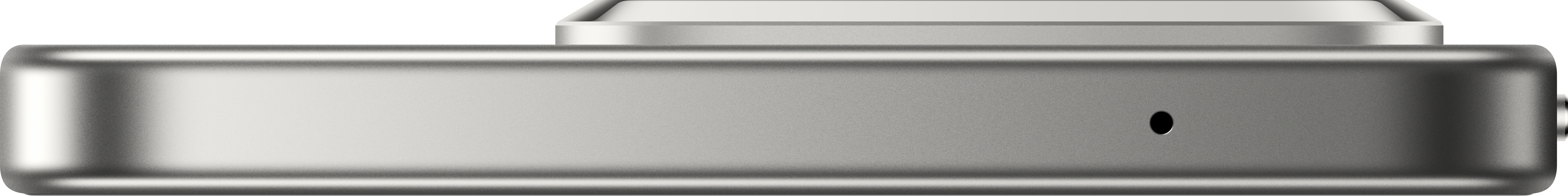 Seitenansicht einer silbernen Kamera. Sie hat ein Objektiv, einen Knopf und ein kleines Loch. Schwarzer Hintergrund.