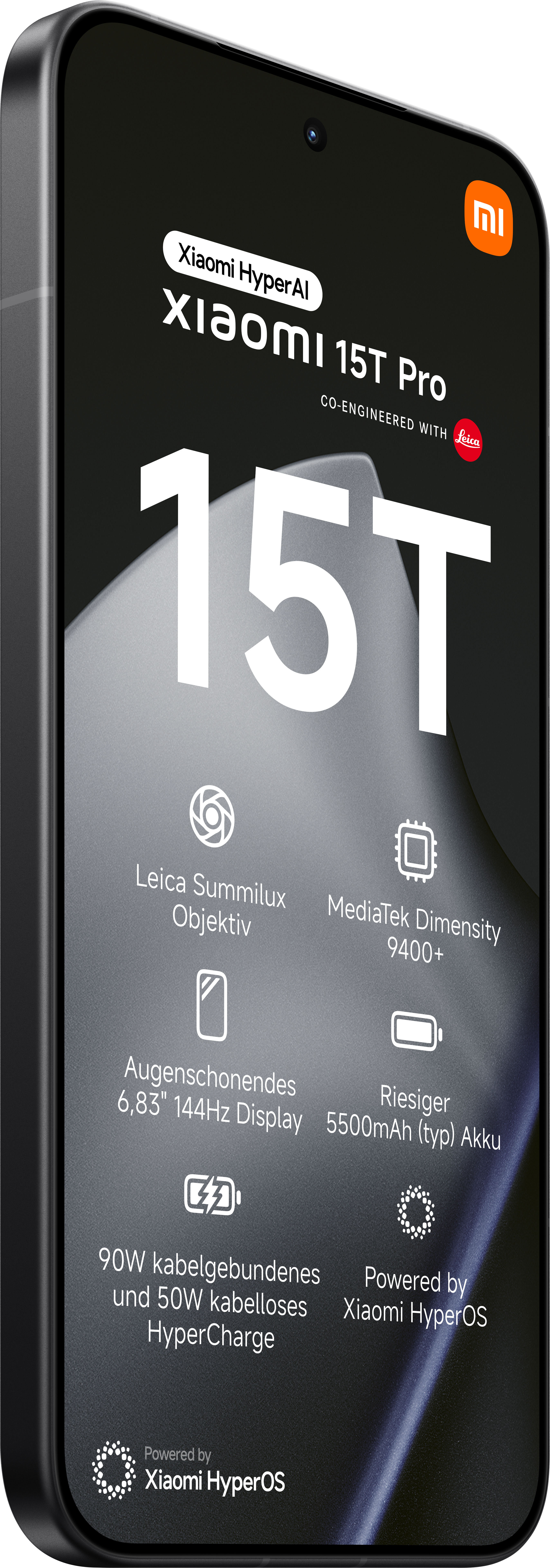 Ein schwarzes Xiaomi 15T Pro-Handy zeigt Funktionen: Leica-Kamera, MediaTek Dimensity, 144Hz-Display, 5500mAh-Akku.
