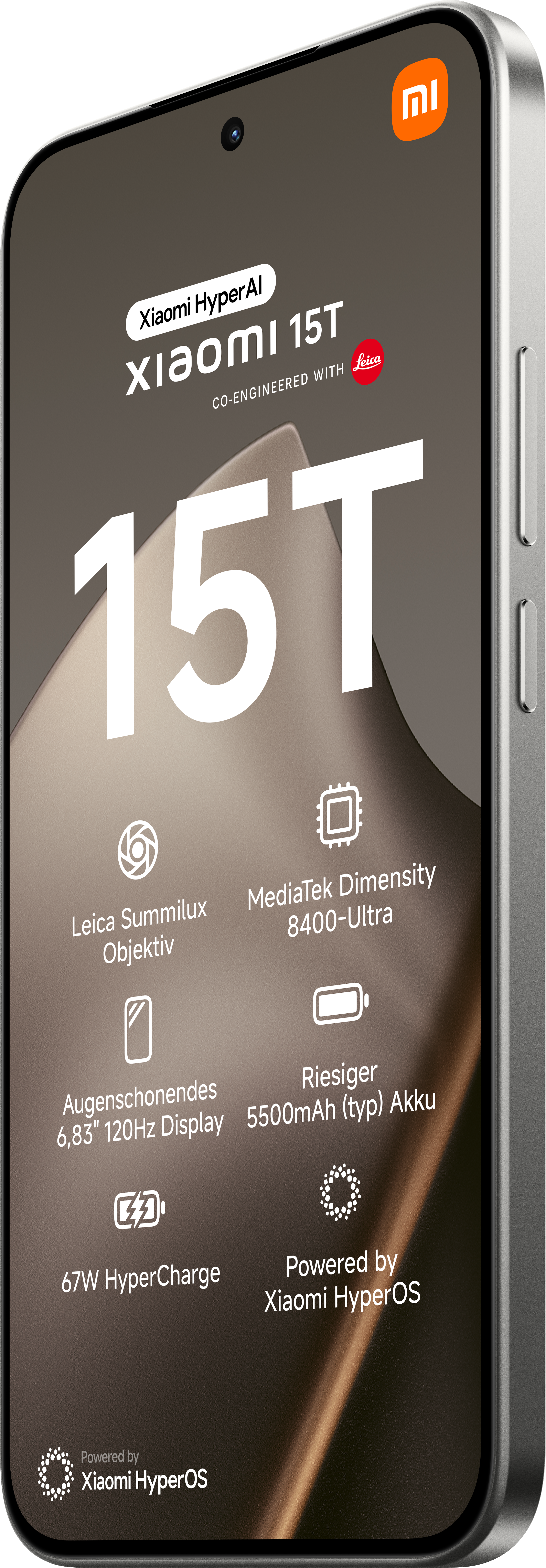 Xiaomi 15T-Telefon. Merkmale: Leica-Kamera, MediaTek Dimensity, großer Akku, 67W HyperCharge und Xiaomi HyperOS.