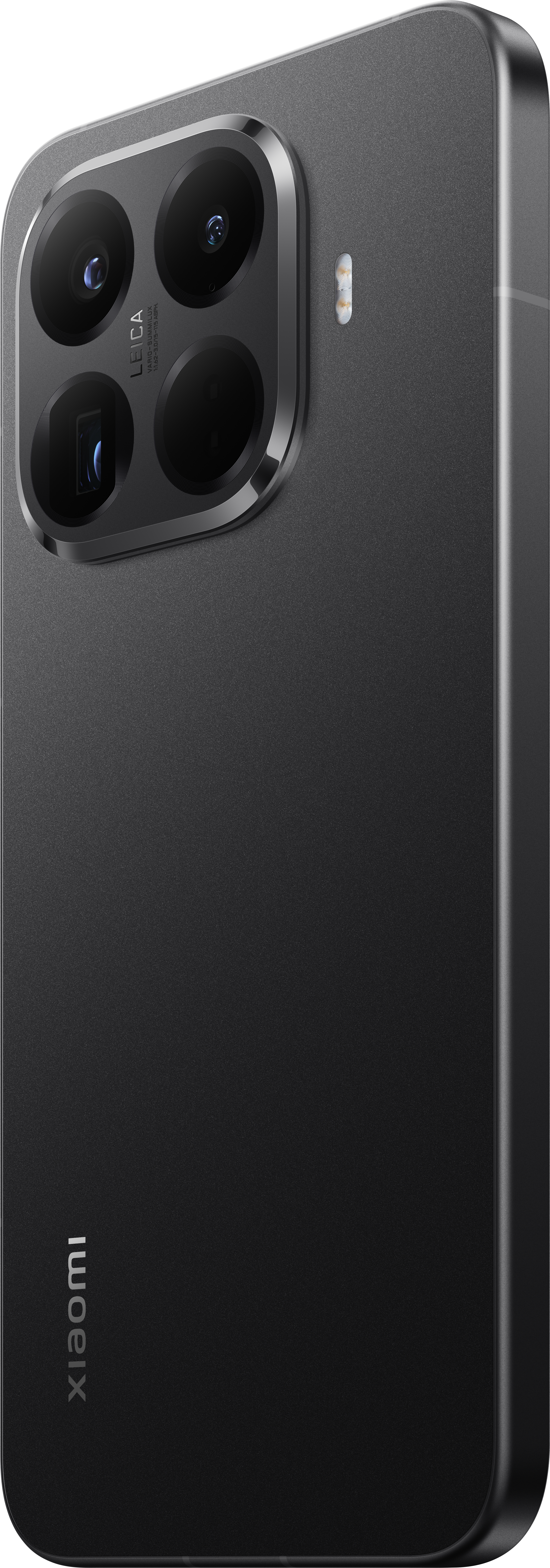 Schwarzes Smartphone mit Leica-Kameramodul. Die Rückseite hat eine strukturierte Oberfläche und das Xiaomi-Logo.