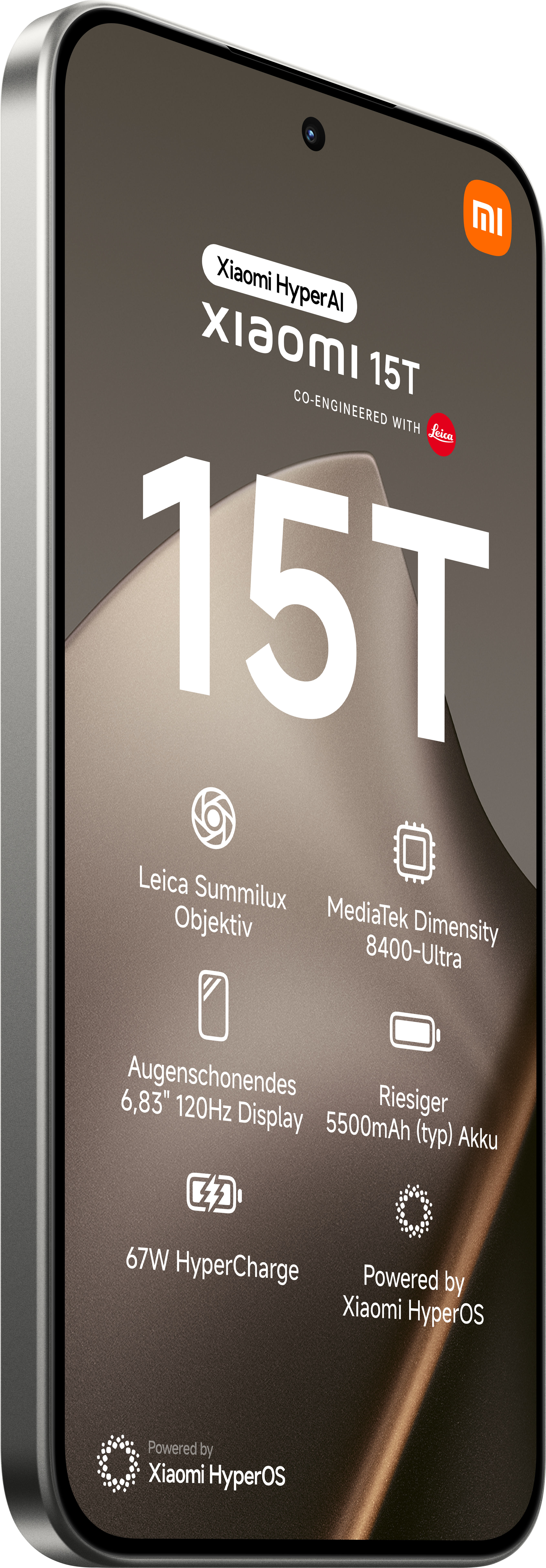 Xiaomi 15T Smartphone-Anzeige. Es zeigt Details wie Leica Summilux, 67W HyperCharge und Xiaomi HyperOS.