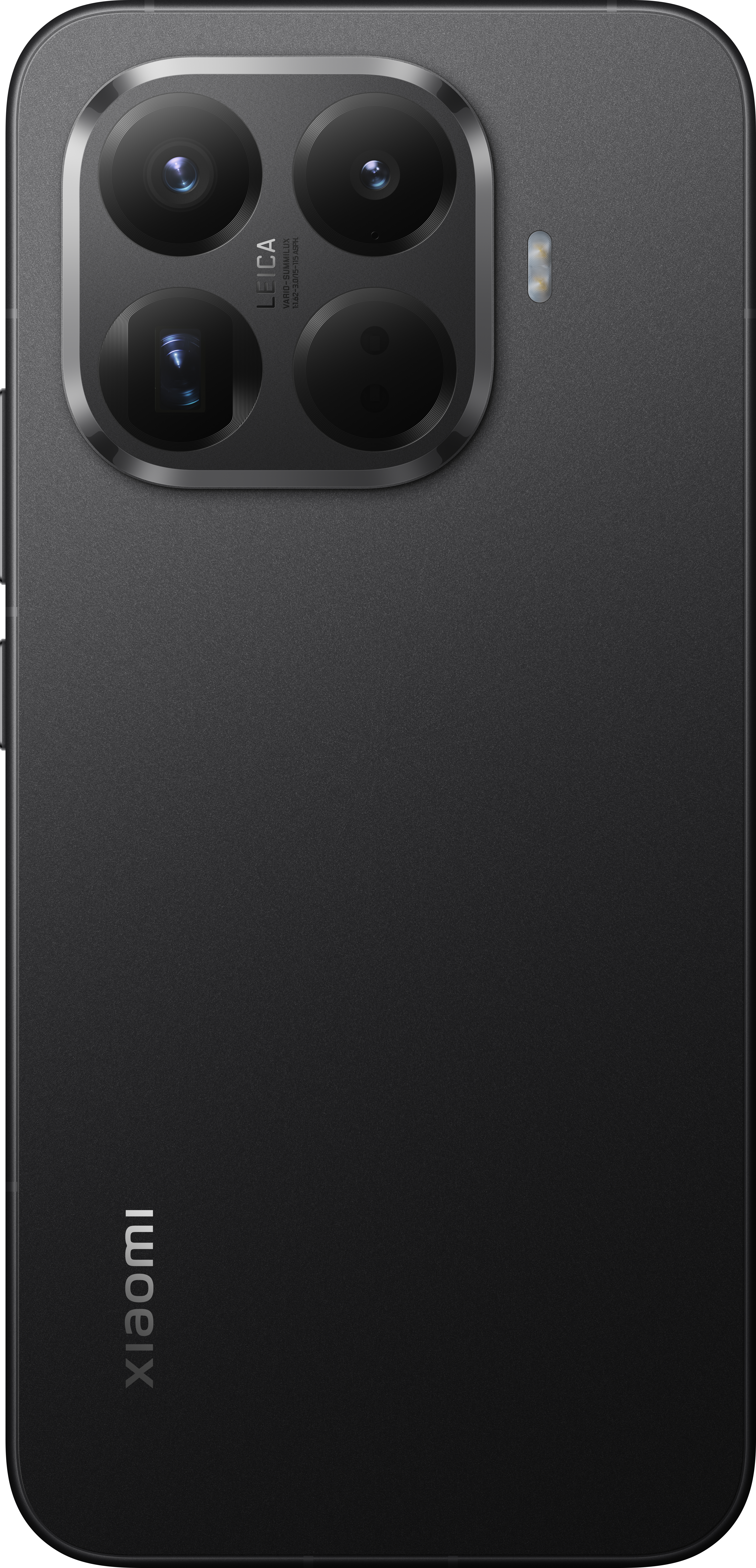 Schwarze Xiaomi-Smartphone-Rückseite. Verfügt über mehrere Kameralinsen mit Leica-Branding, einen Blitz und das Xiaomi-Logo.