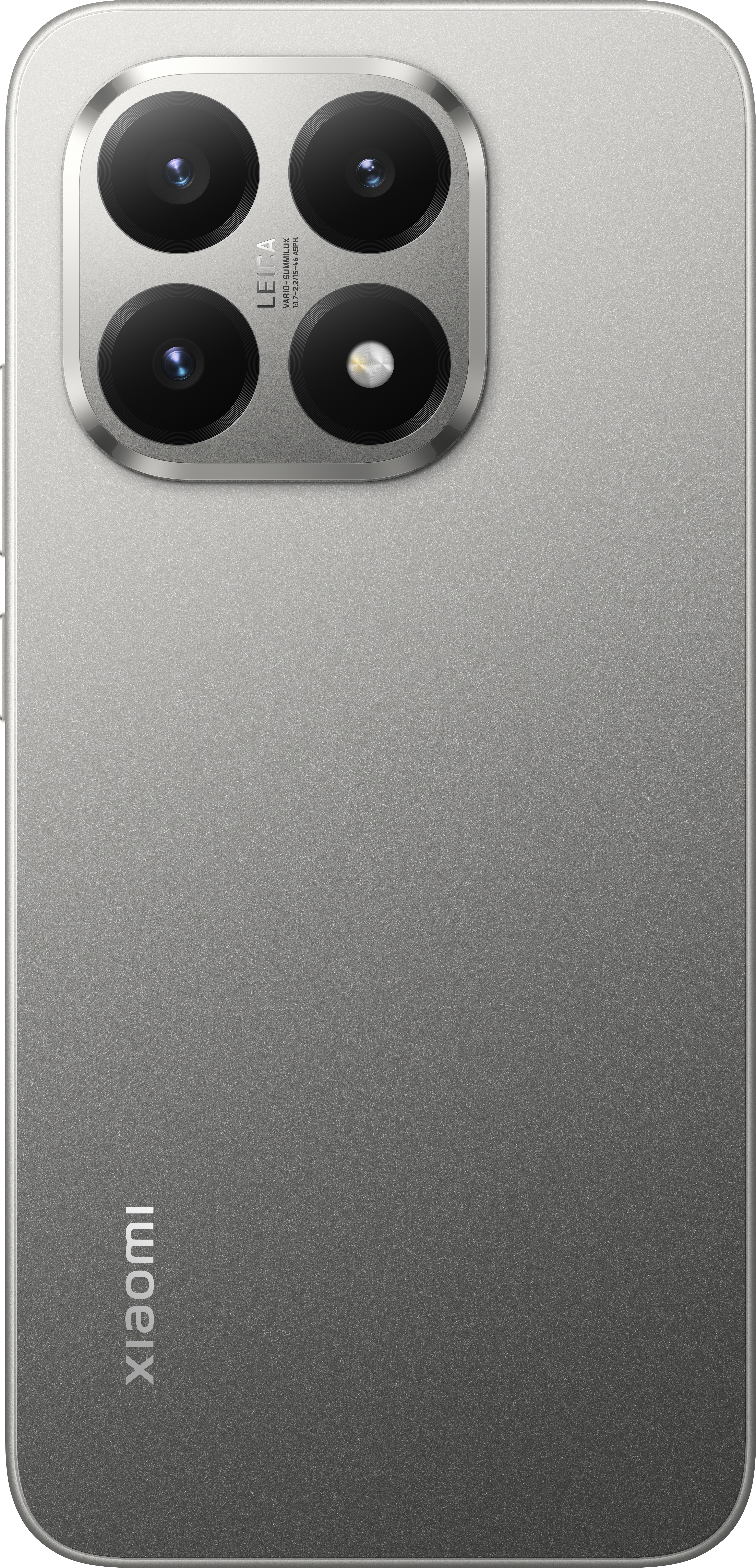 Silberne Xiaomi-Telefonrückseite mit vier Kameralinsen und Leica-Branding. Das Xiaomi-Logo befindet sich unten.