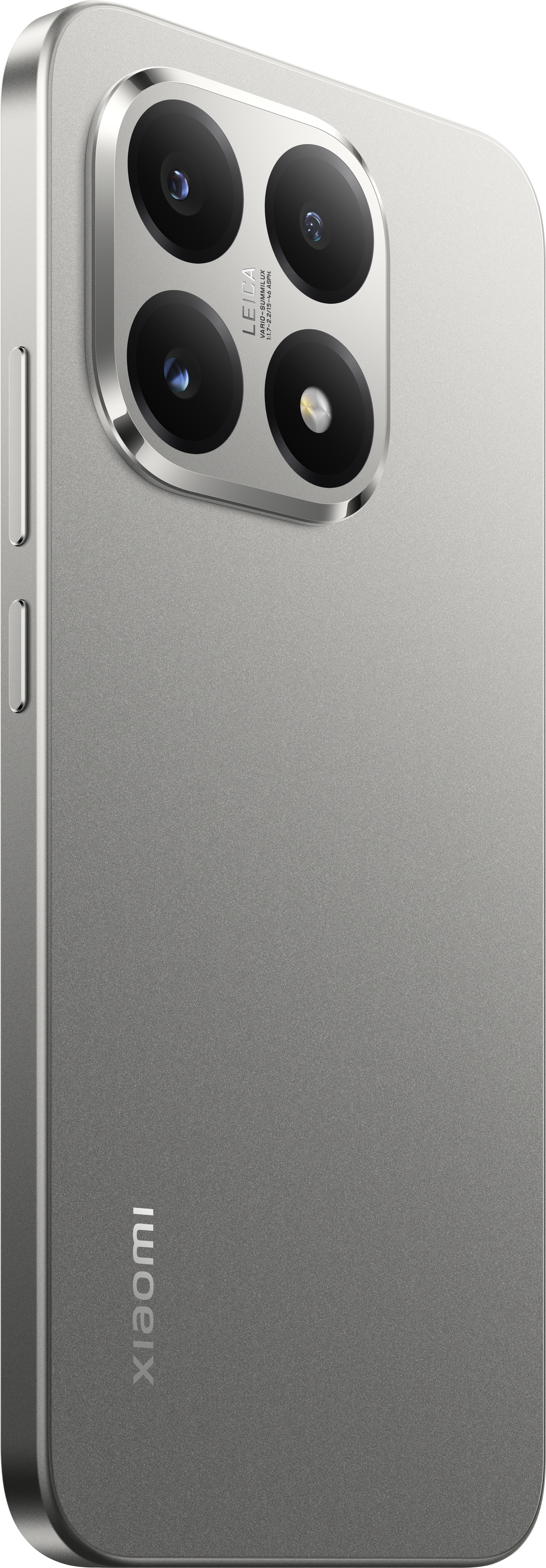 Silbernes Smartphone mit Kameraanordnung. Xiaomi-Logo unten. Leica-Markenname in der Nähe der Kameras.