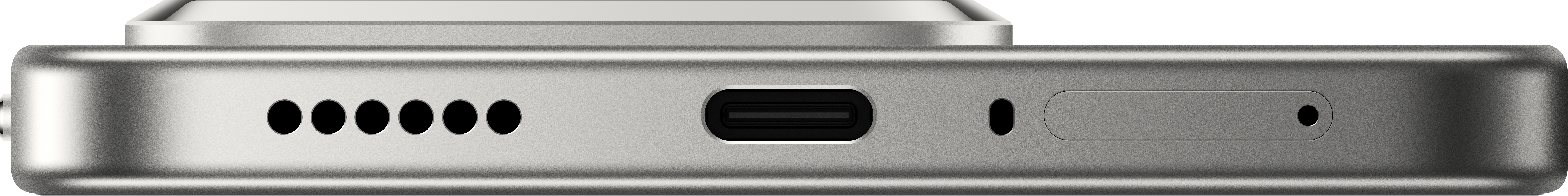 Nahaufnahme der Seite eines silbernen Geräts mit USB-C-Anschluss, Lautsprecherlöchern und einer kleinen rechteckigen Taste.