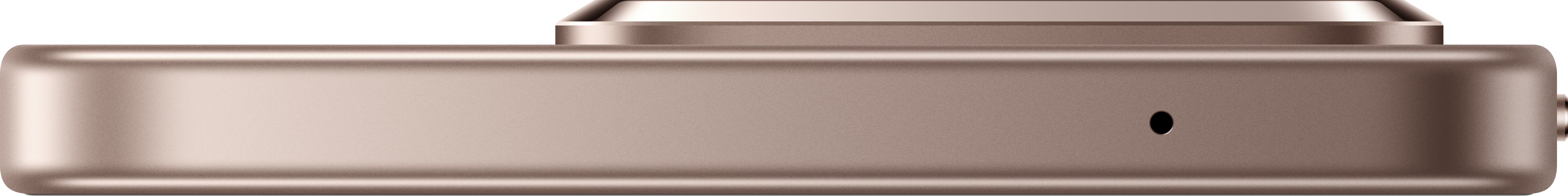 Nahaufnahme einer metallischen Kamera. Sie hat ein Objektiv, ein kleines Loch und einen Knopf. Die Farbe ist hellbronze.