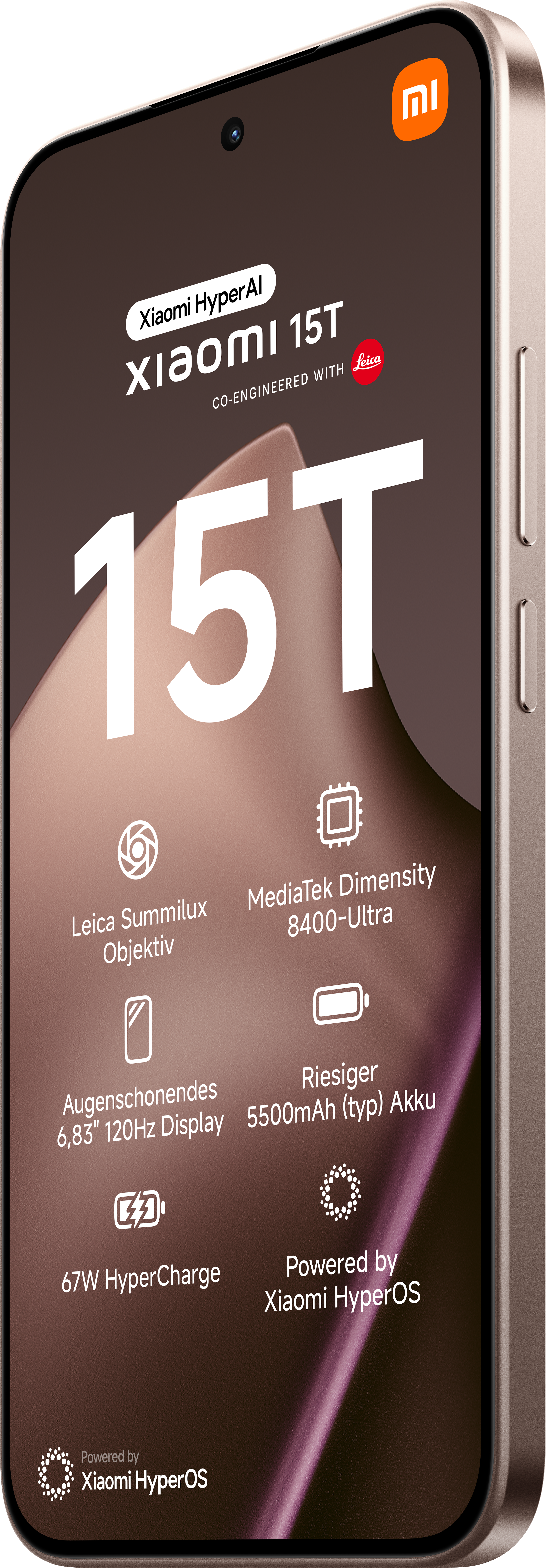 Ein Smartphone mit großem Bildschirm, Modell Xiaomi 15T mit Leica-Branding und wichtigen Funktionen, die auf dem Display angezeigt werden.