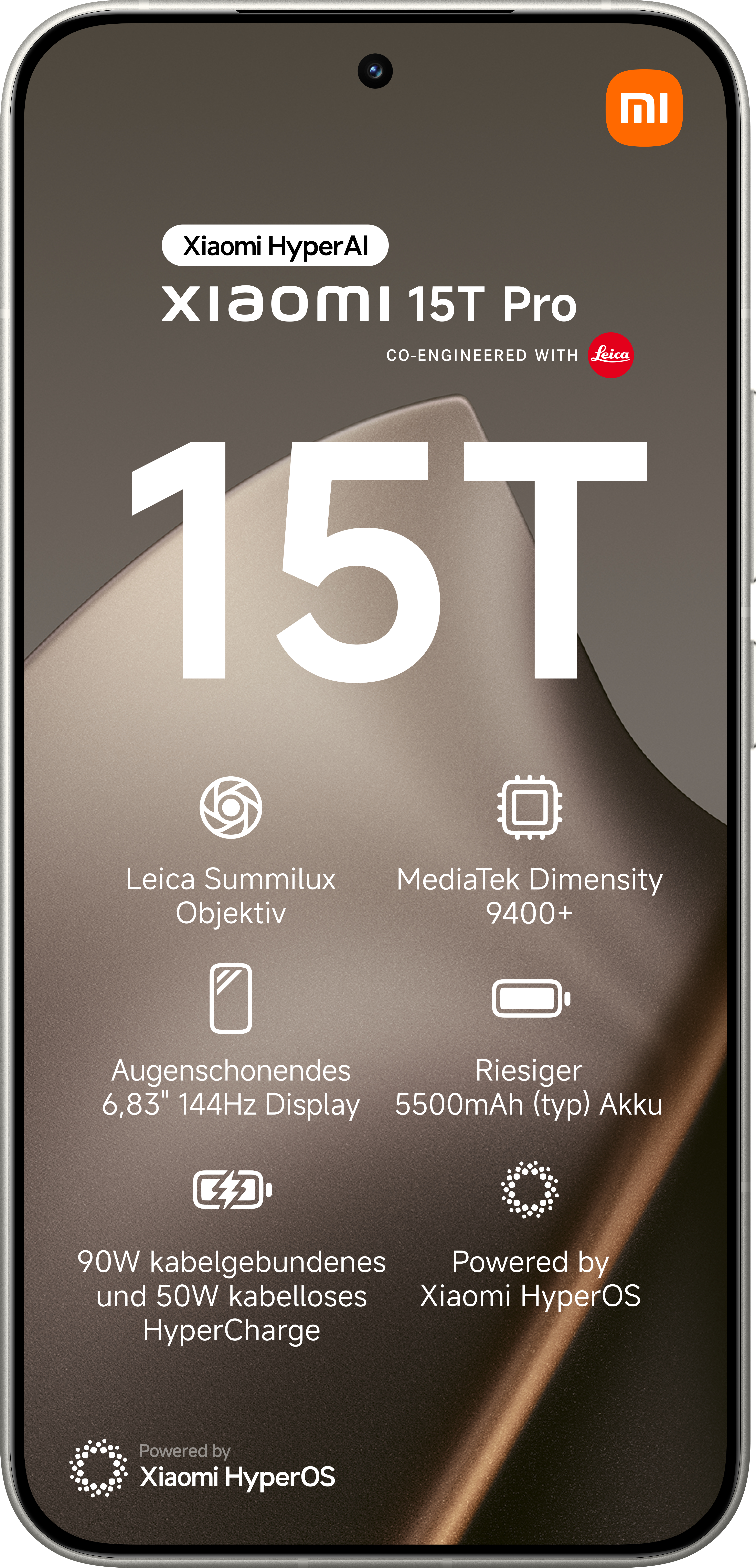 Xiaomi 15T Pro-Telefon. Zu den Merkmalen gehören Leica-Kamera, MediaTek Dimensity und HyperCharge. Der Bildschirm zeigt die wichtigsten Spezifikationen.