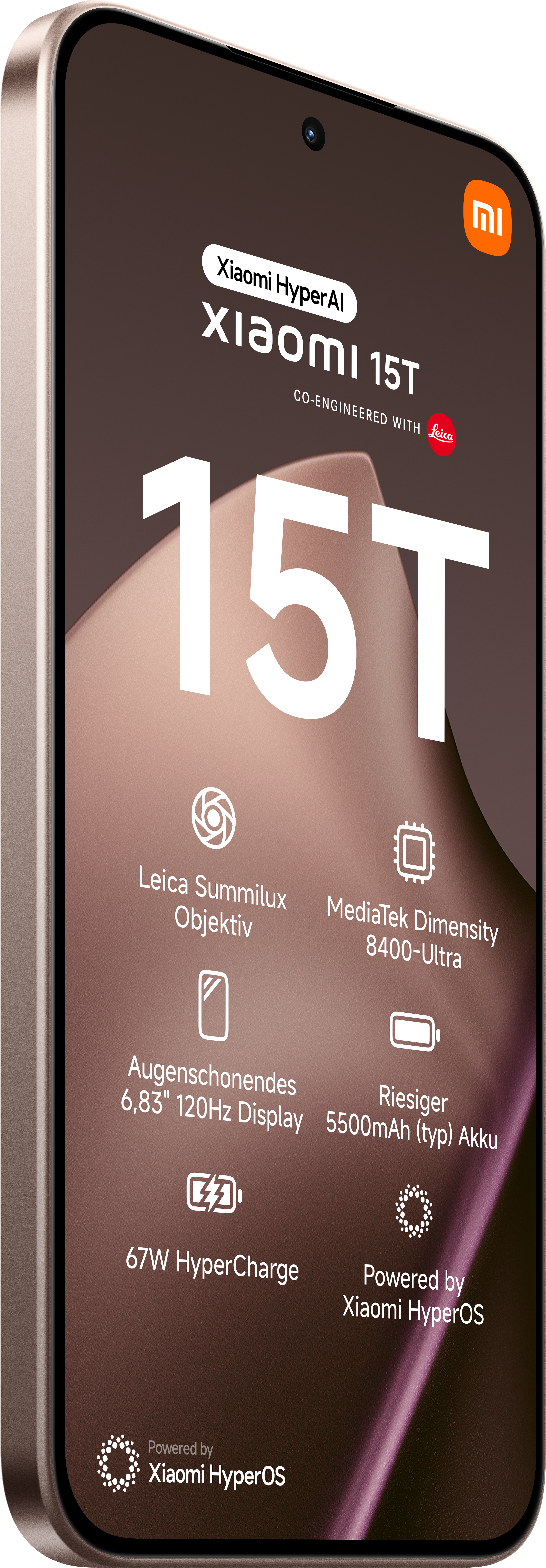 Ein Xiaomi 15T-Telefon wird angezeigt und zeigt Funktionen wie Leica Summilux-Objektiv, 120-Hz-Display und 67W HyperCharge.