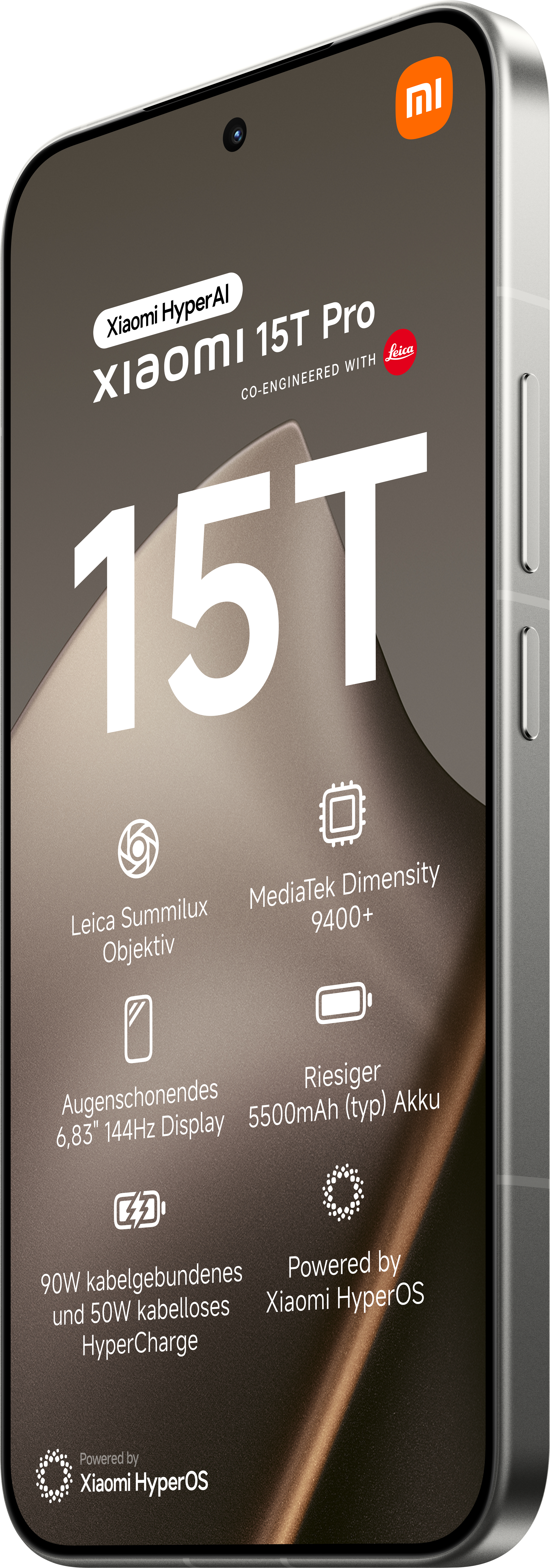 Smartphone mit großem '15T' Text. Funktionen: Leica Kamera, großer Akku und HyperCharge.