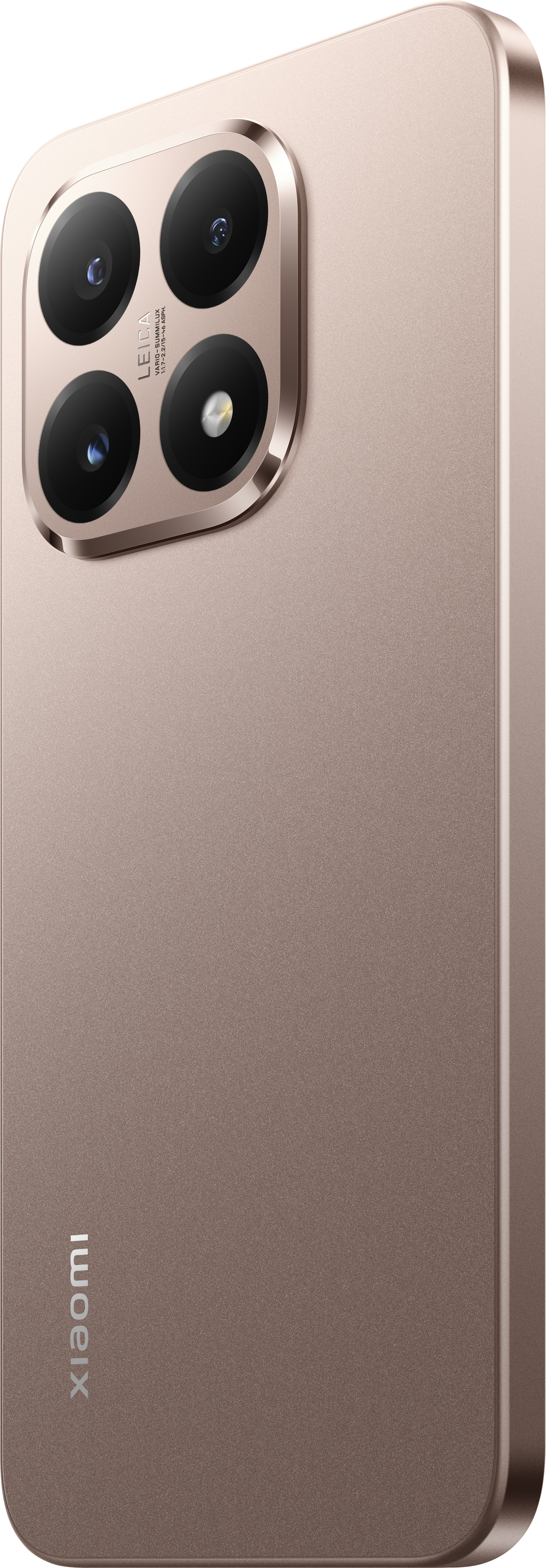 Ein goldfarbenes Smartphone mit einem Leica-Kameramodul mit vier Objektiven. Die Rückseite des Telefons hat eine strukturierte Oberfläche.