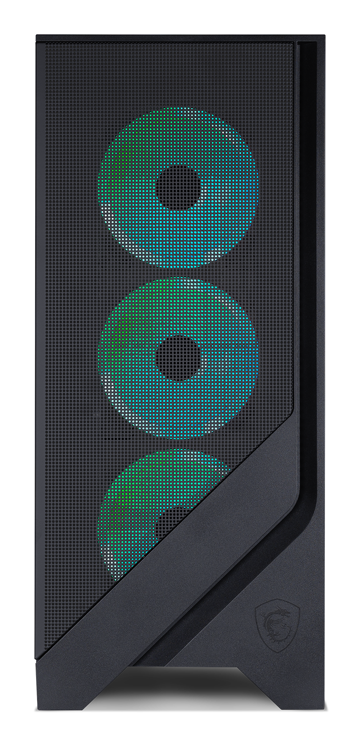 Schwarzes Computergehäuse mit drei beleuchteten Lüftern, die grünes und blaues Licht emittieren, sichtbar durch ein Mesh-Frontpanel.
