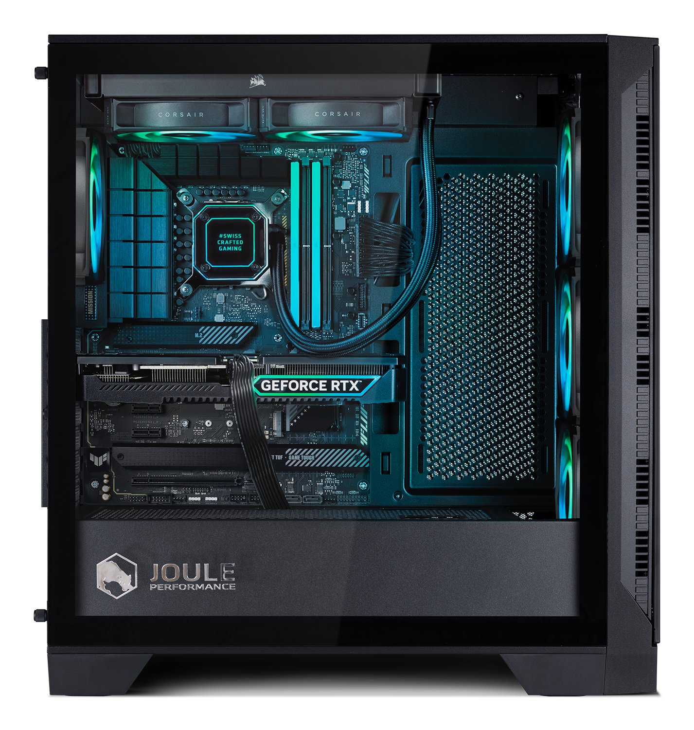Ein Computergehäuse mit sichtbaren Komponenten. Enthält eine Grafikkarte, einen CPU-Kühler und ein Motherboard. Das Gehäuse hat eine Glas-Seitenwand.